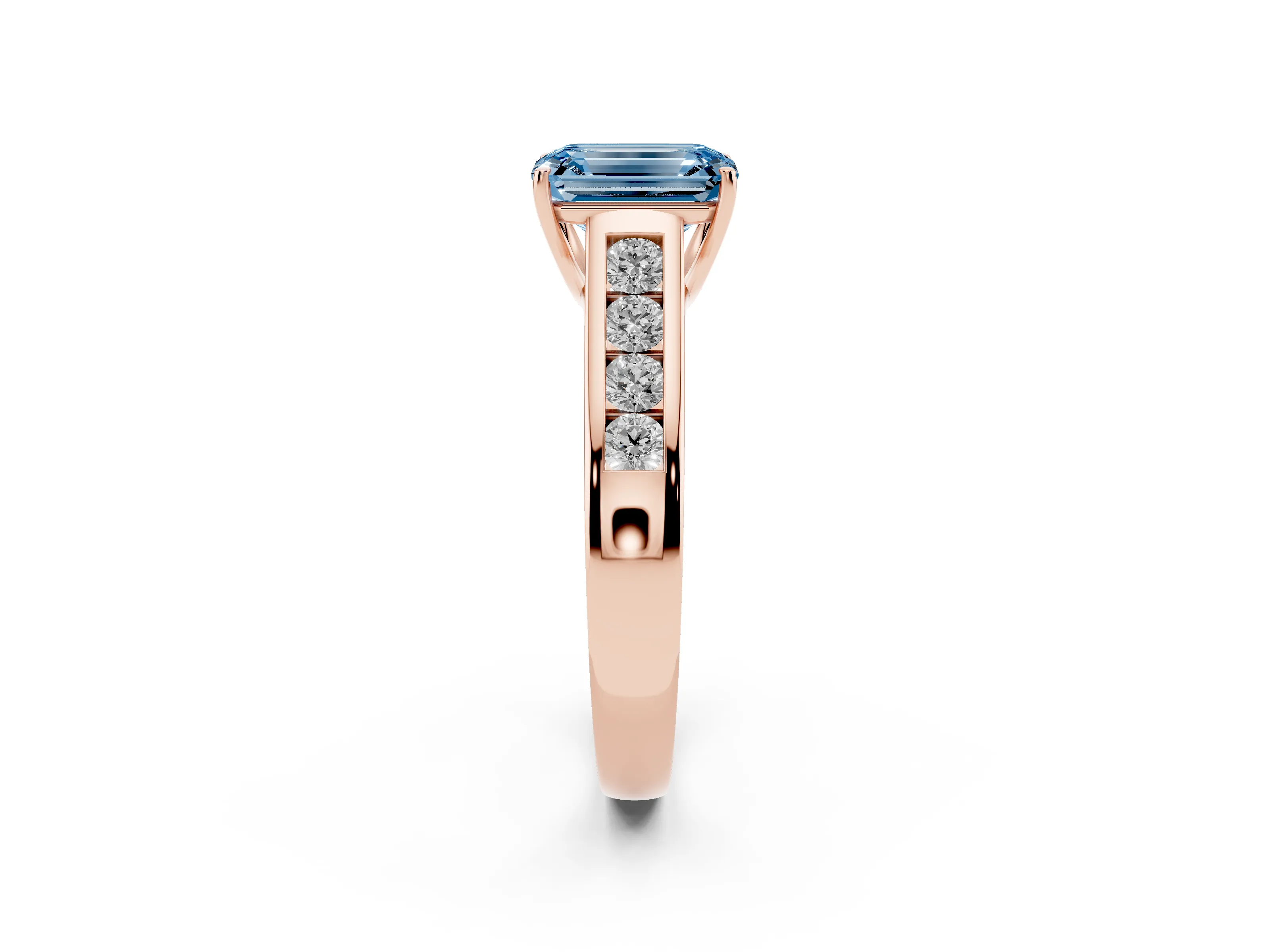Fancy Blue Emerald Cut Diamond Brilliant Channel-Set Solitaire Ring Set in Rose gold with Prong Setting
