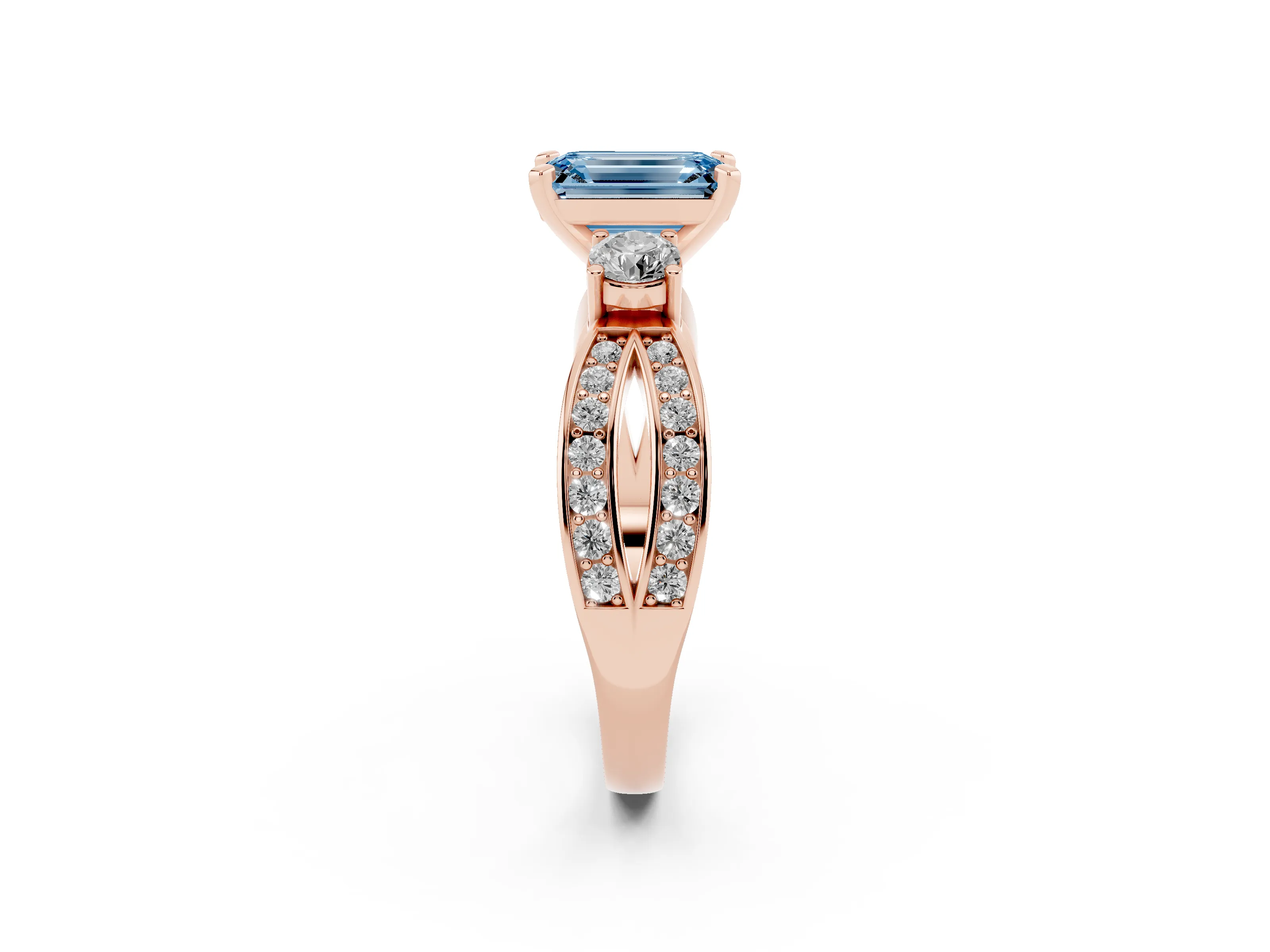 Fancy Blue Three-Stone Emerald Cut Diamond Twist Band Ring Set in Rose gold with Pavé Accents and Prong Setting
