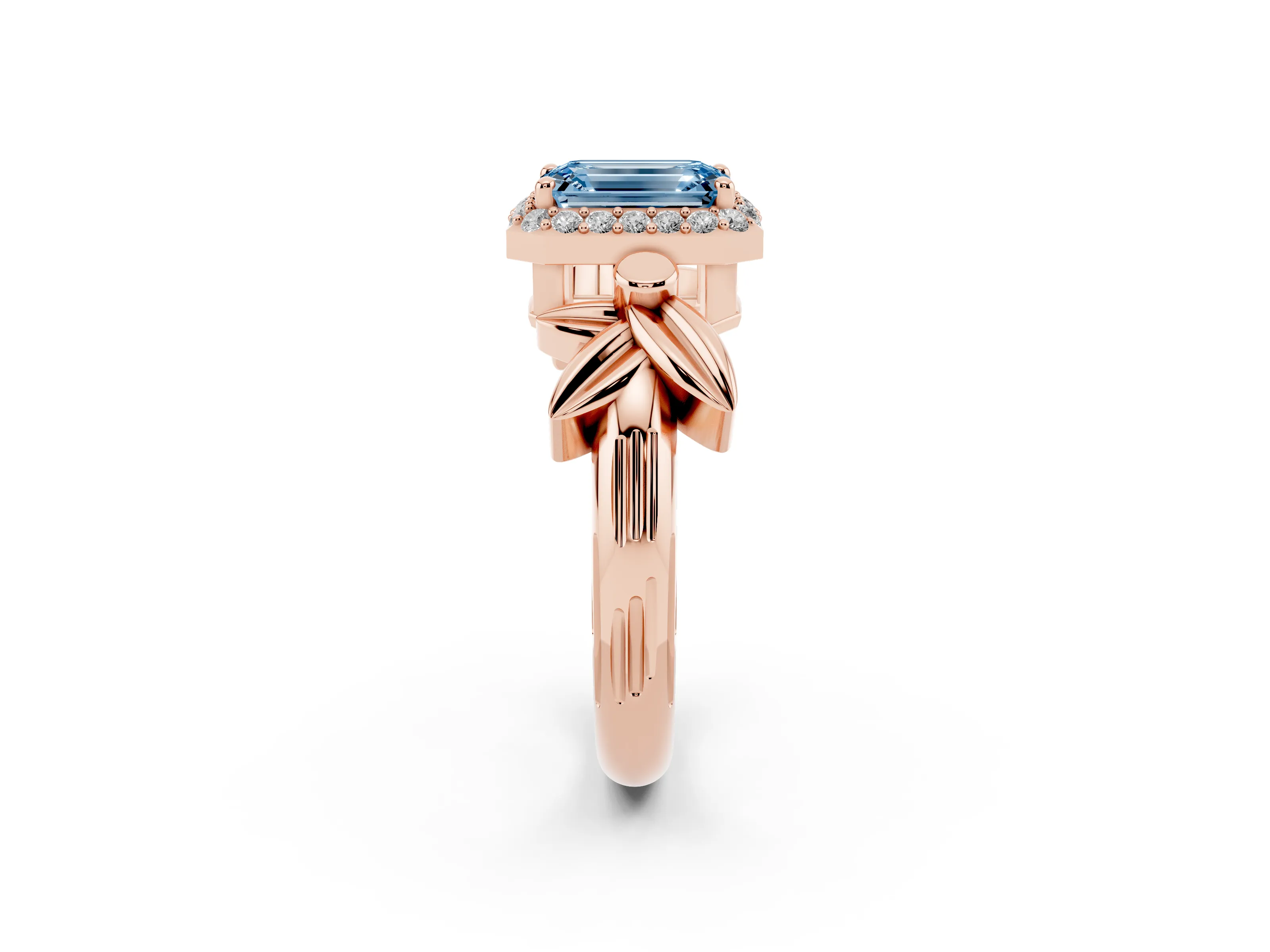 Fancy Blue Emerald Cut Diamond Halo Floral Band Ring Set in Rose gold with Prong Setting