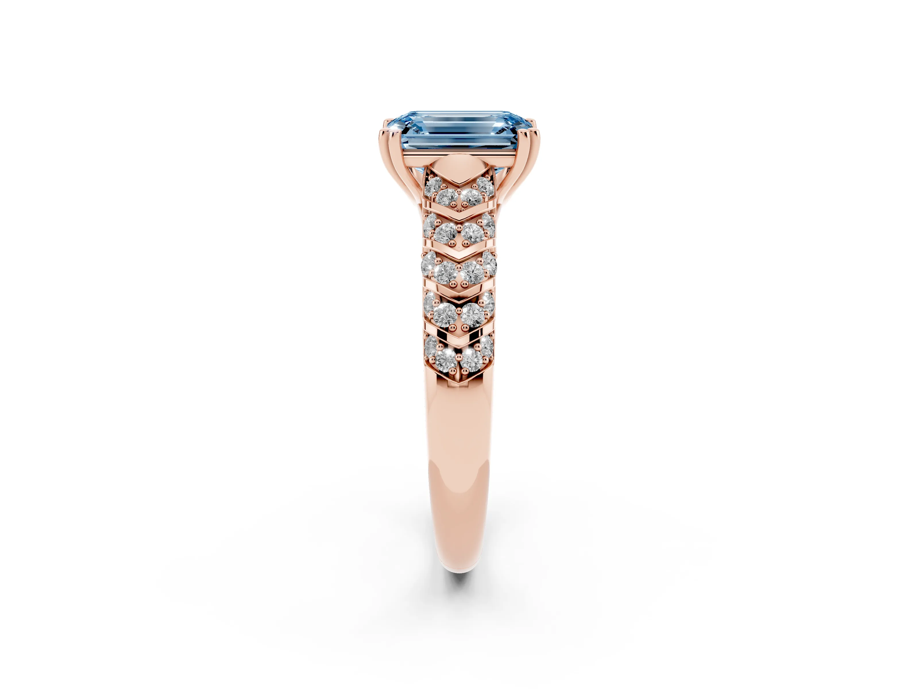 Fancy Blue Emerald Cut Diamond Solitaire Chevron Pavé Engagement Ring Set in Rose gold with Prong Setting