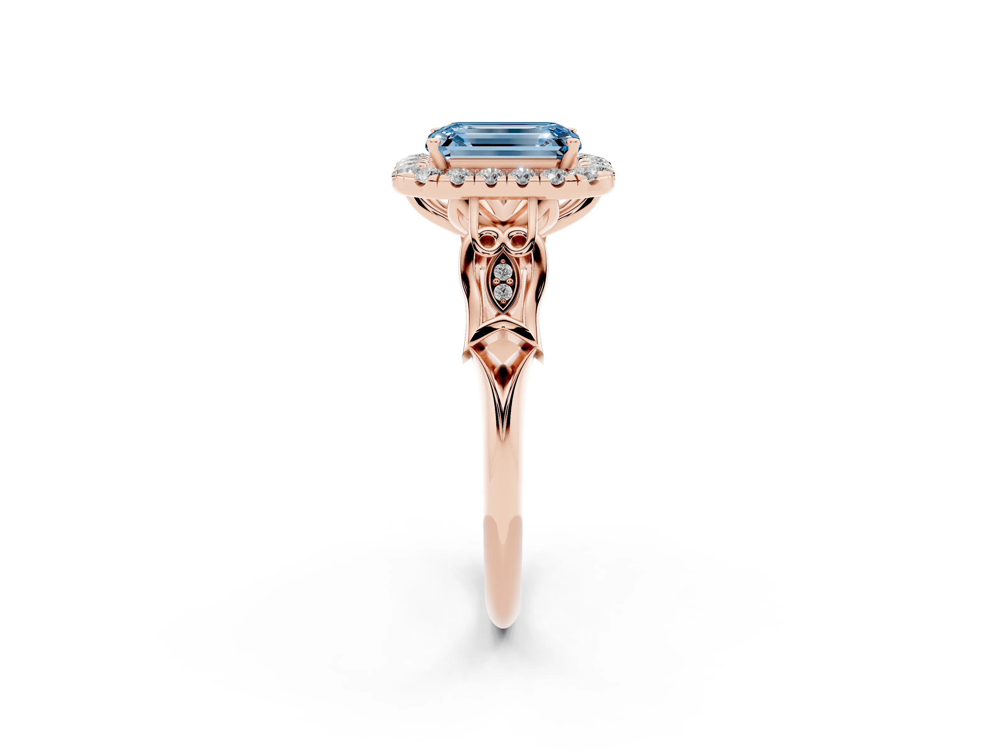 Fancy Blue Emerald Cut Diamond Halo Engagement Ring Set in Rose gold with Filigree Band and Prong-Set Center