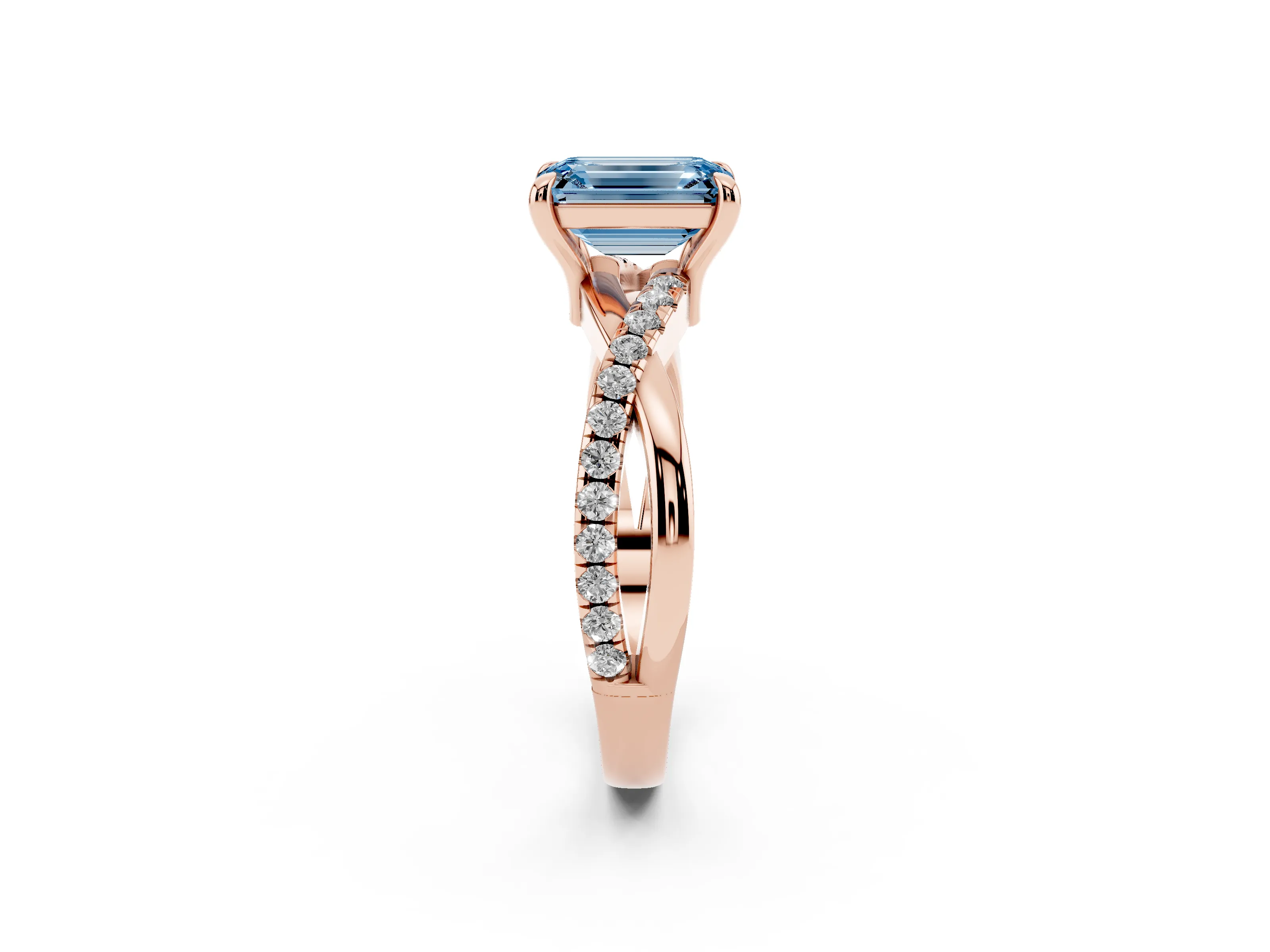Fancy Blue Emerald Cut Diamond Twist Band Pavé Solitaire Ring Set in Rose gold with Prong Setting
