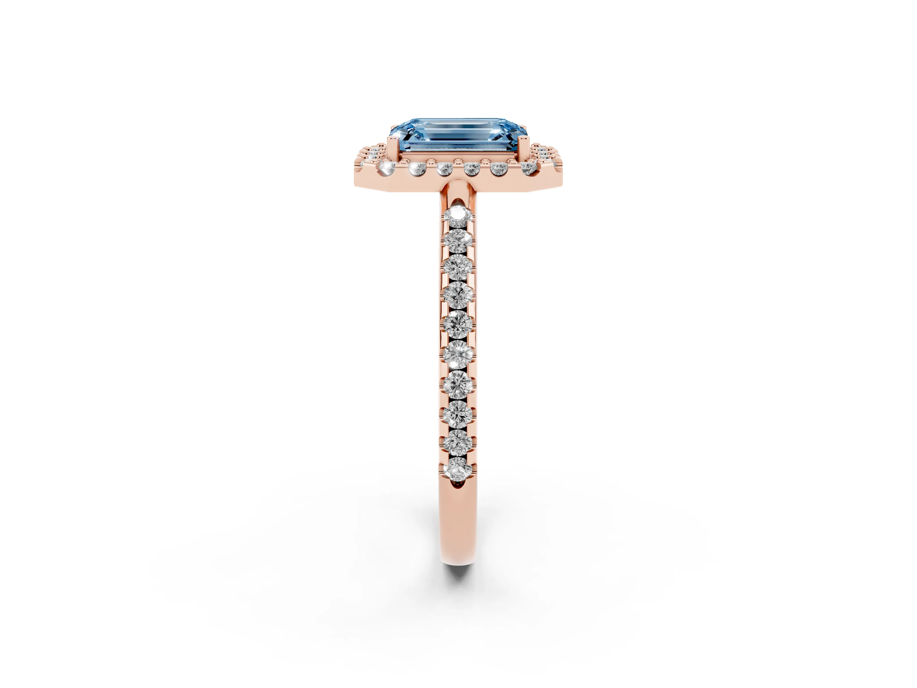 Fancy Blue Emerald Cut Diamond Pavé Halo Ring Set in Rose gold with Prong Setting