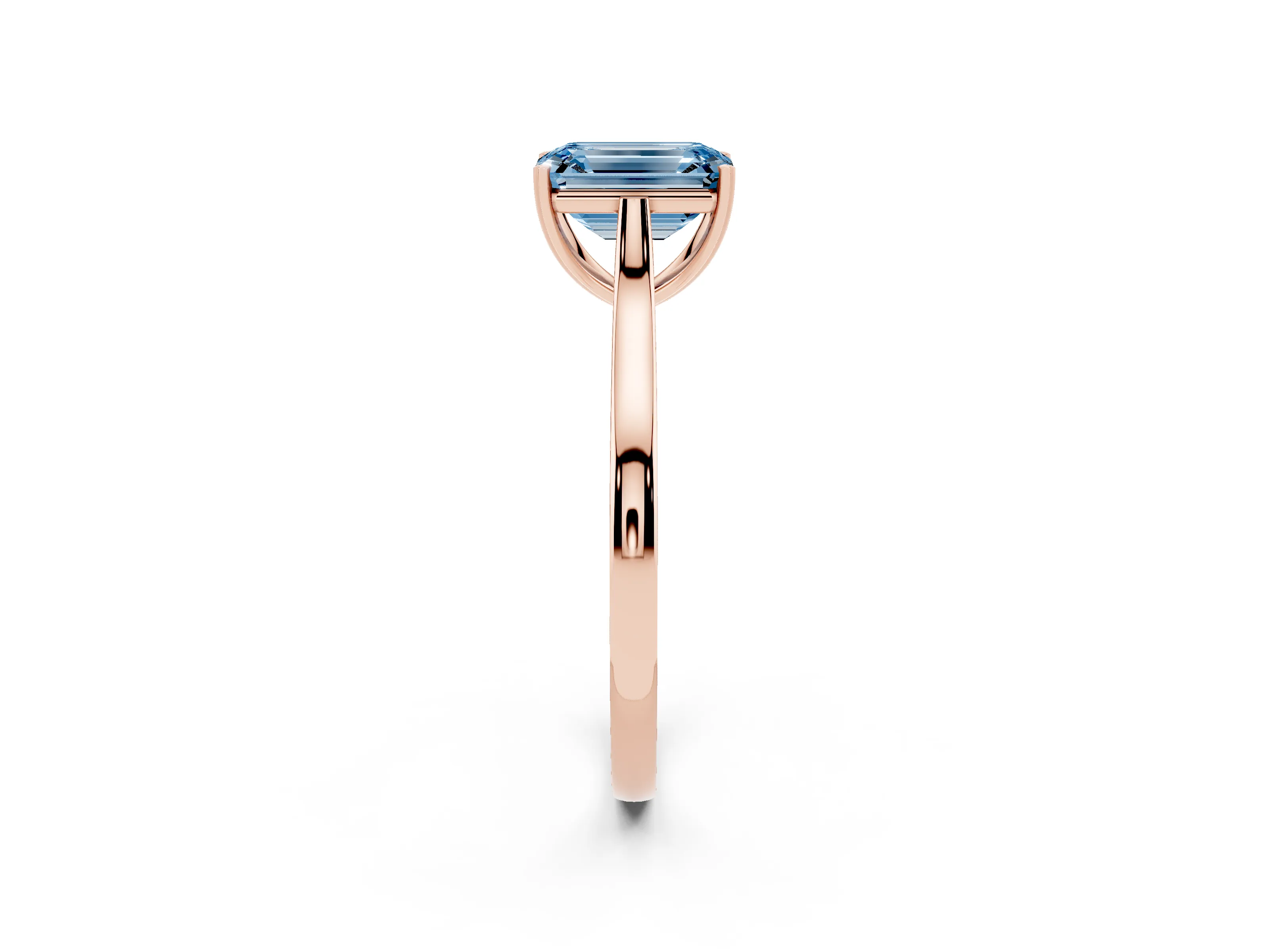 Fancy Blue Emerald Cut Diamond Solitaire Heart Prong Engagement Ring Set in Rose gold with Tapered Band