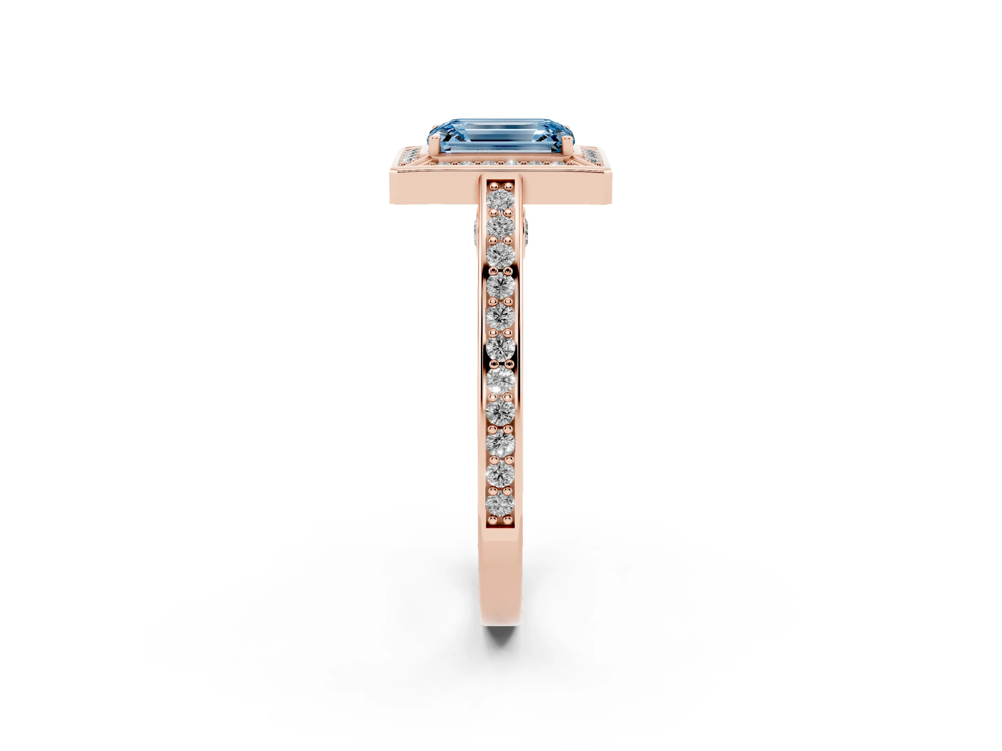 Fancy Blue Emerald Cut Diamond Halo Pavé Split Shank Ring Set in Rose gold with Prong Setting