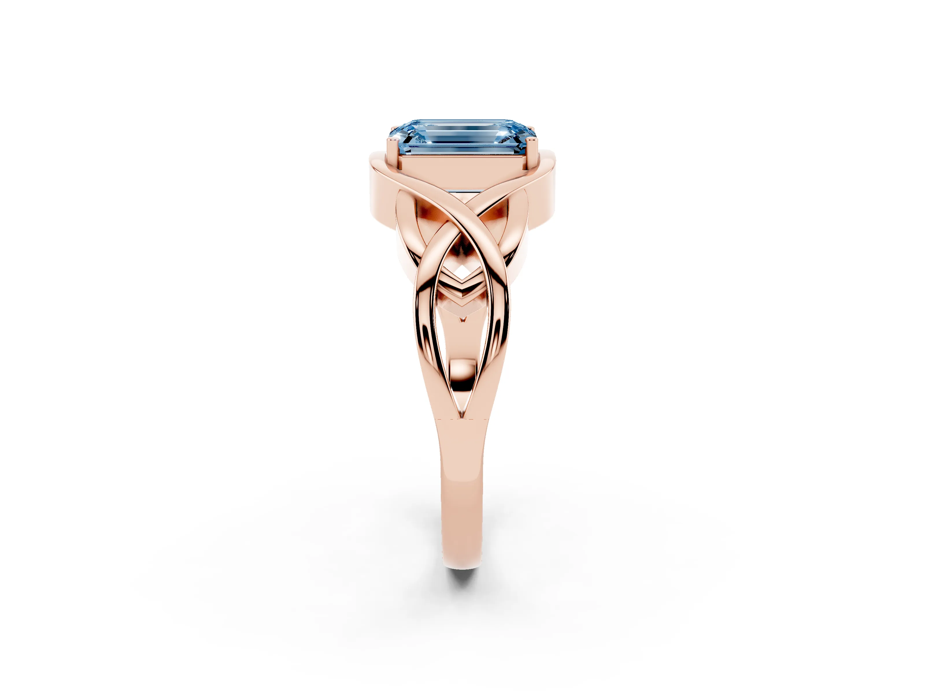 Fancy Blue Emerald Cut Diamond Solitaire Ring Set in Rose gold with Intertwined Band