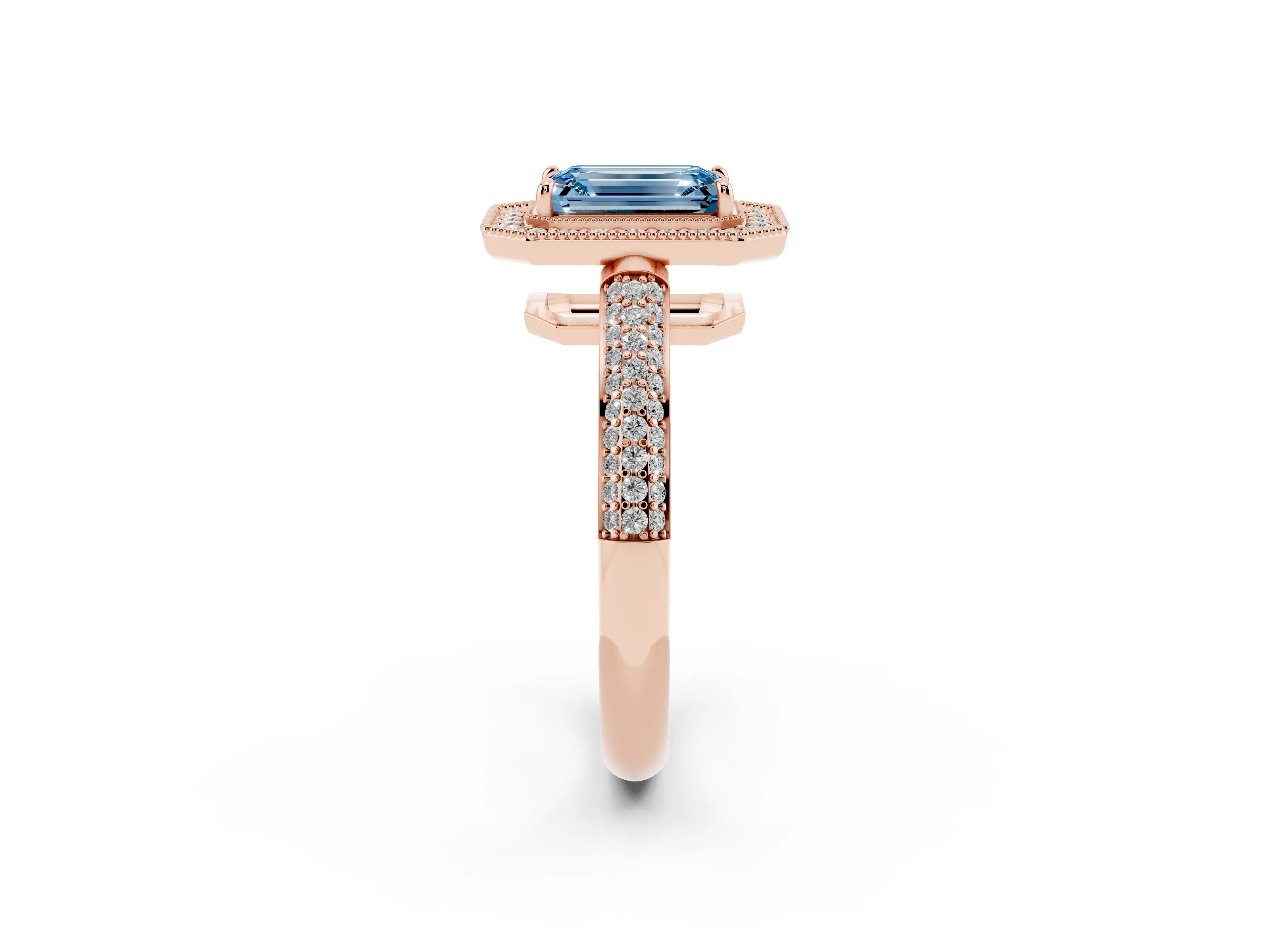 Fancy Blue Emerald Cut Diamond Halo Pavé Band Set in Rose gold with Prong Setting