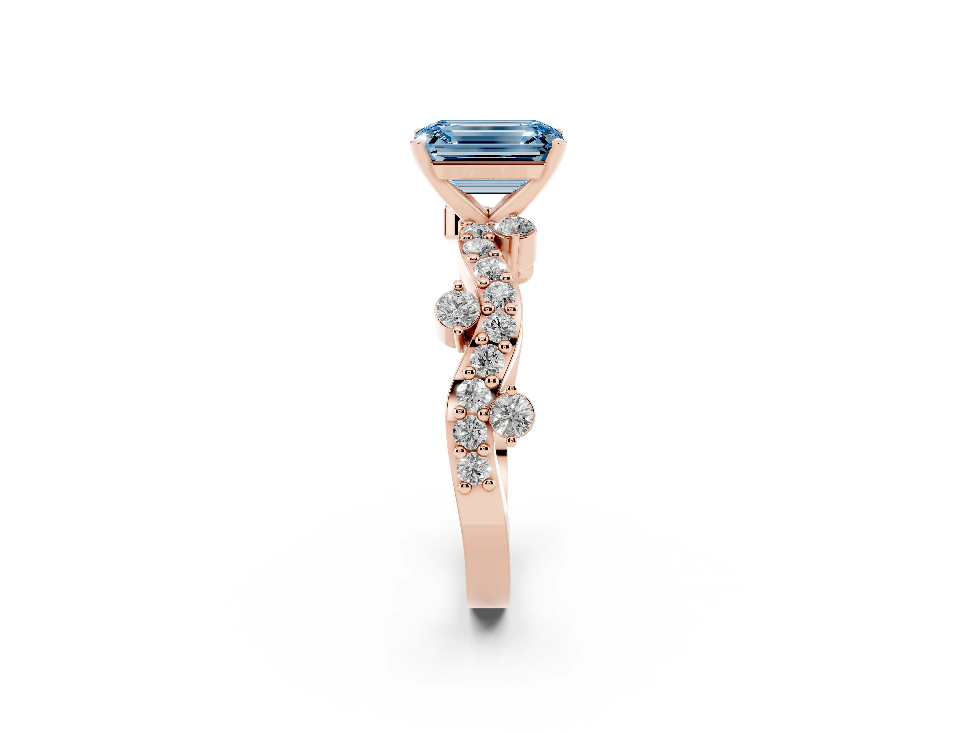 Fancy Blue Emerald Cut Diamond Solitaire Twisted Band Set in Rose gold with Pavé Setting