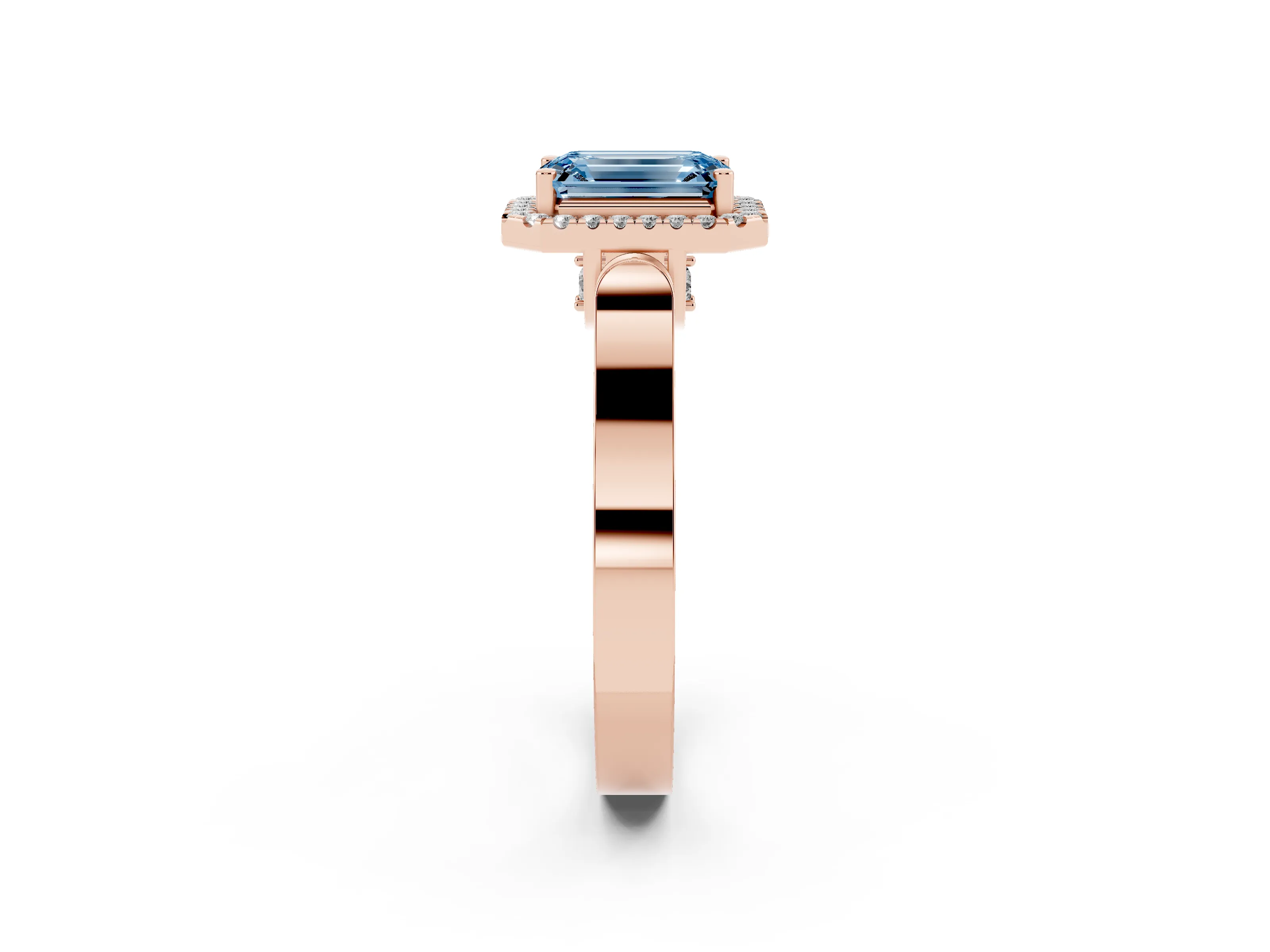 Fancy Blue Emerald Cut Diamond Halo Ring Set in Rose gold with Pavé-Lined Split Shank Band
