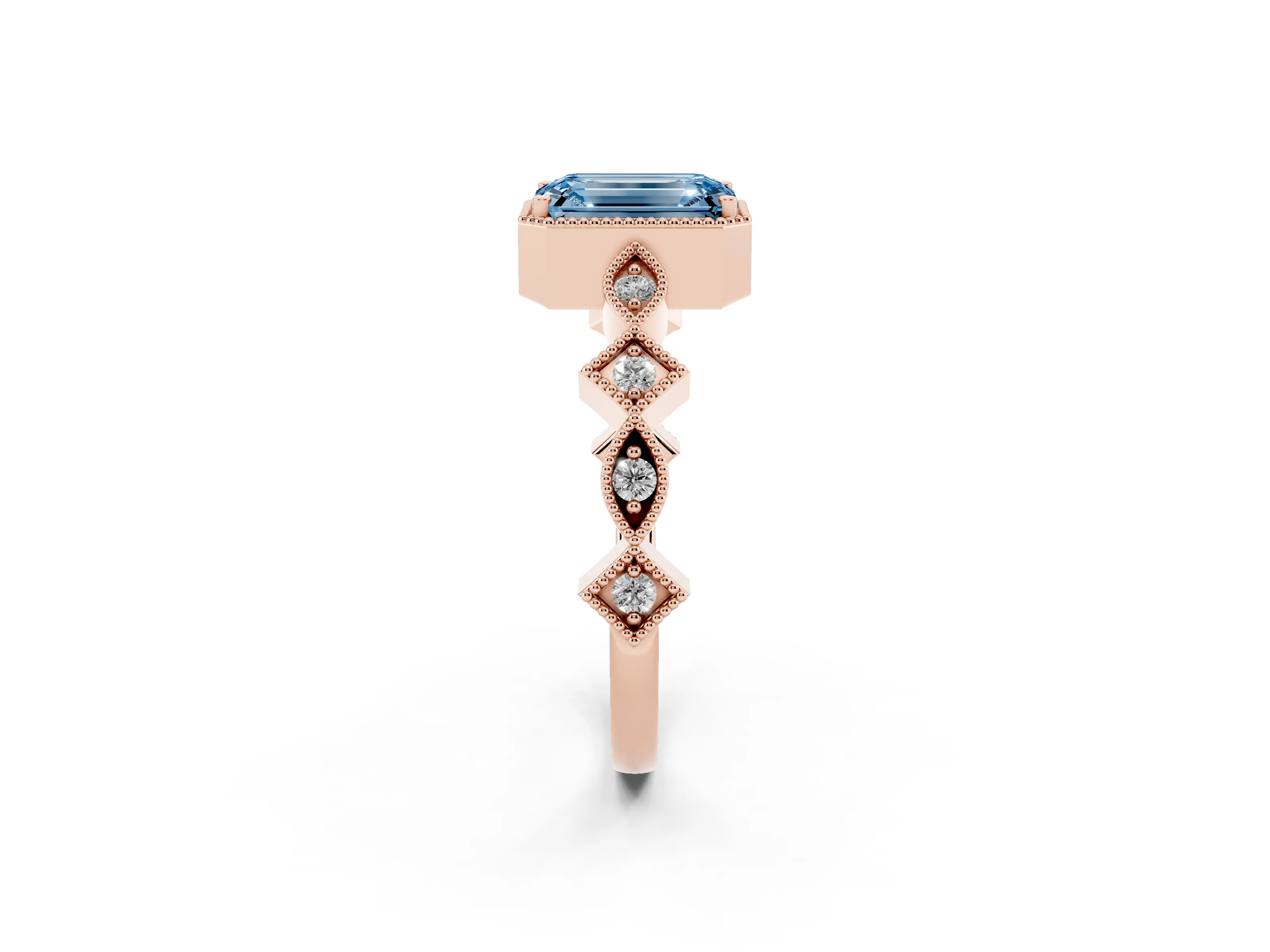Fancy Blue Emerald Cut Diamond Milgrain Marquise Twist Band Ring Set in Rose gold with Prong Setting