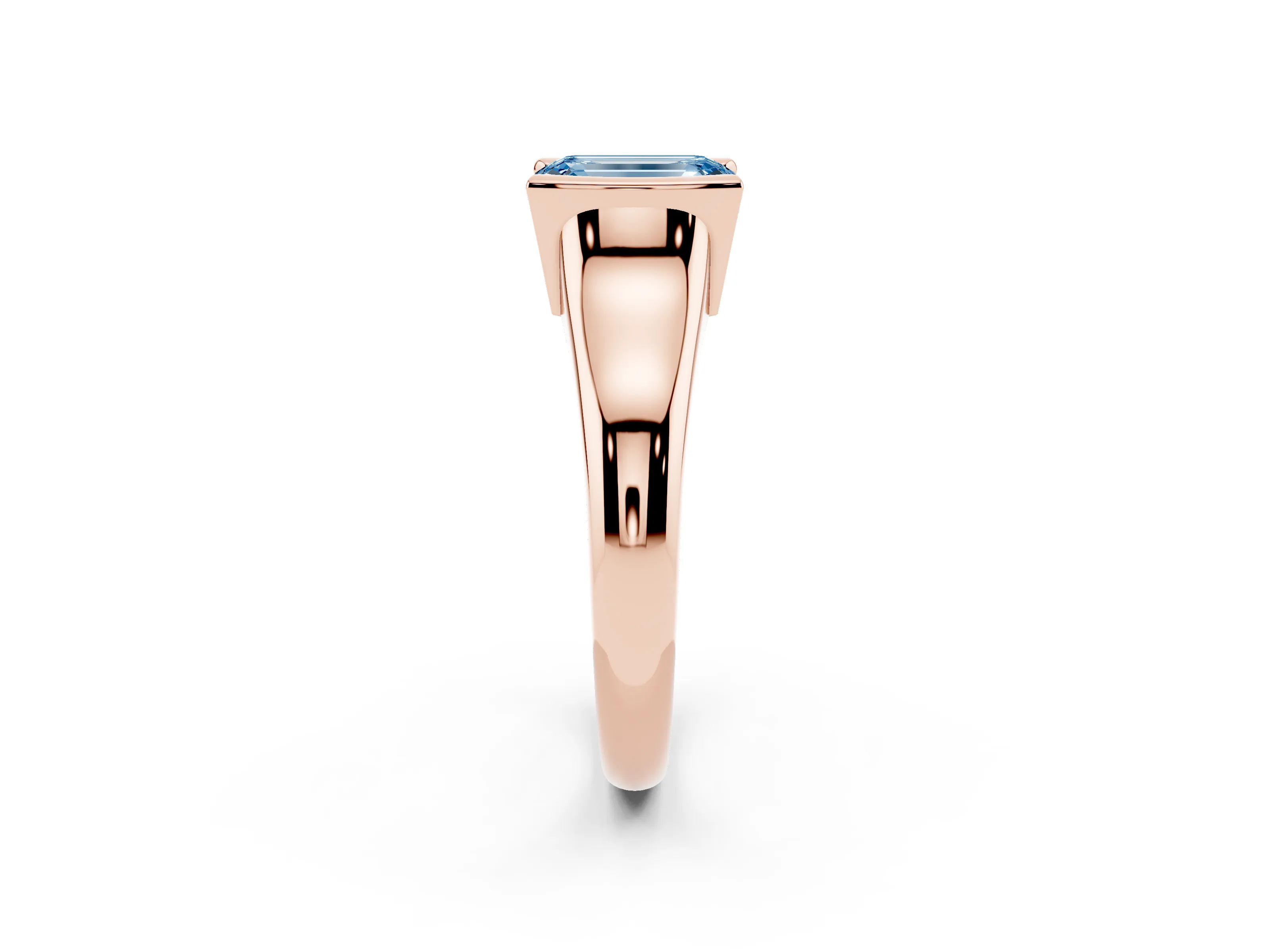 Fancy Blue Emerald Cut Diamond Solitaire Tension Set Ring Set in Rose gold with Split Shank Band
