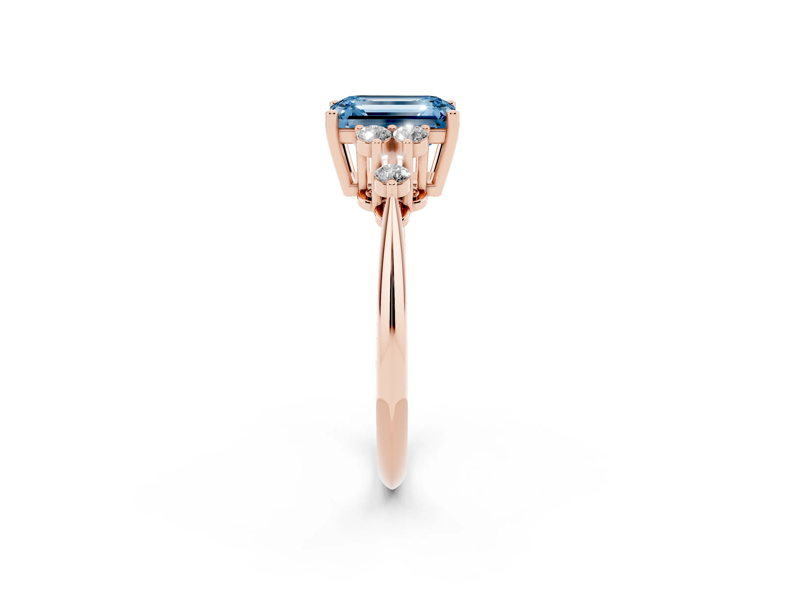 Fancy Blue Emerald Cut Diamond Cluster Ring Set in Rose gold with Plain Band and Prong Setting