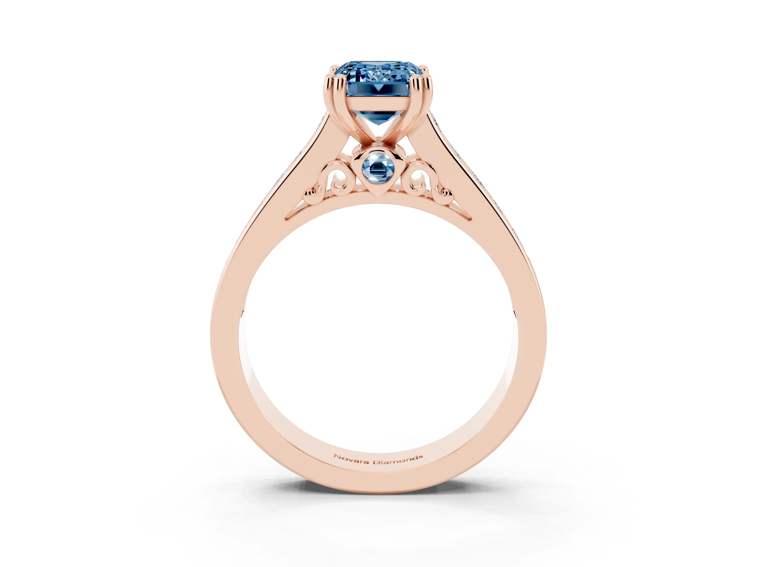 Fancy Blue Emerald Cut Diamond Channel Set Solitaire Engagement Ring Set in Rose gold with Prong Setting