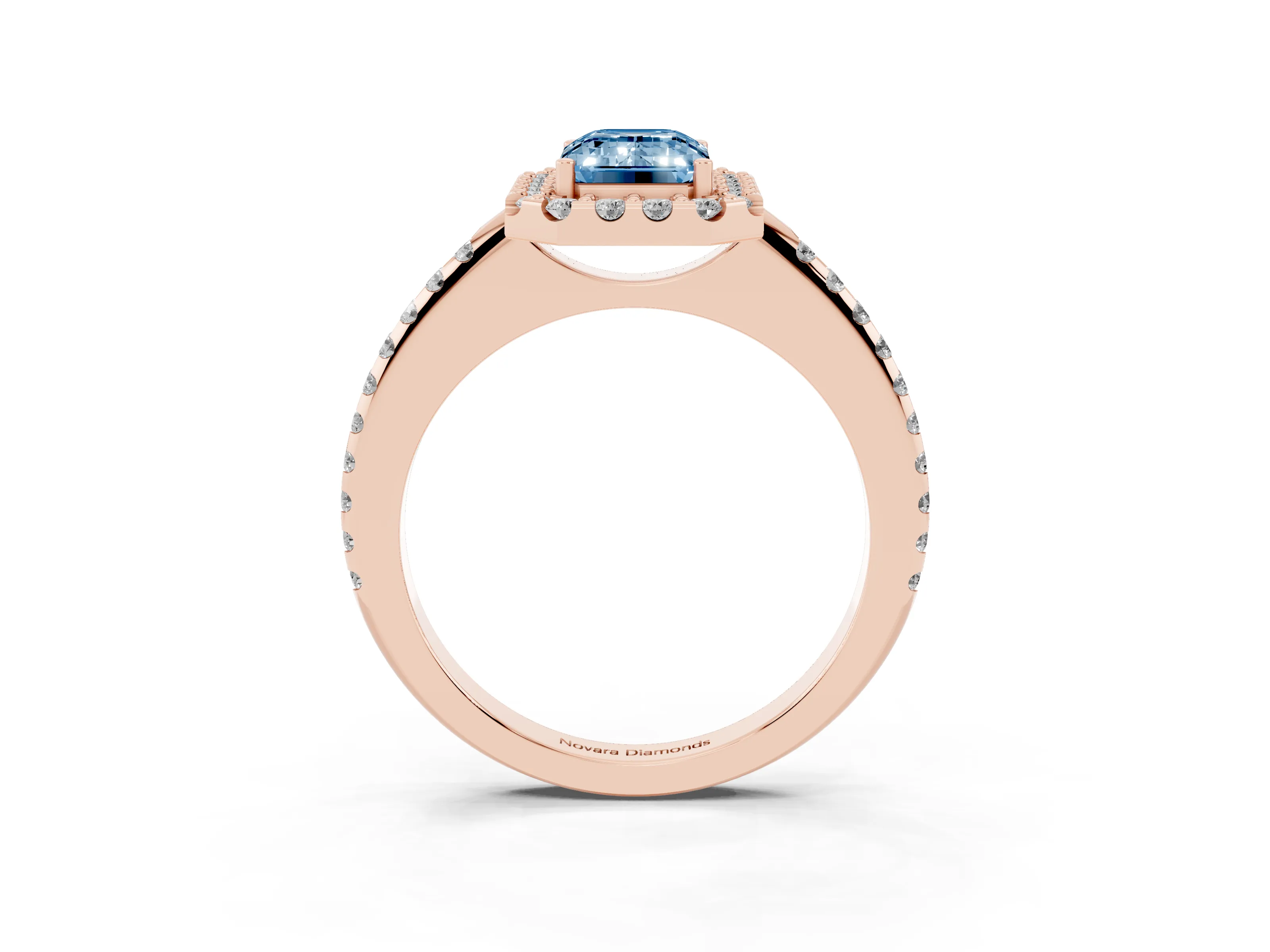 Fancy Blue Emerald Cut Diamond Pavé Halo Ring Set in Rose gold with Prong Setting