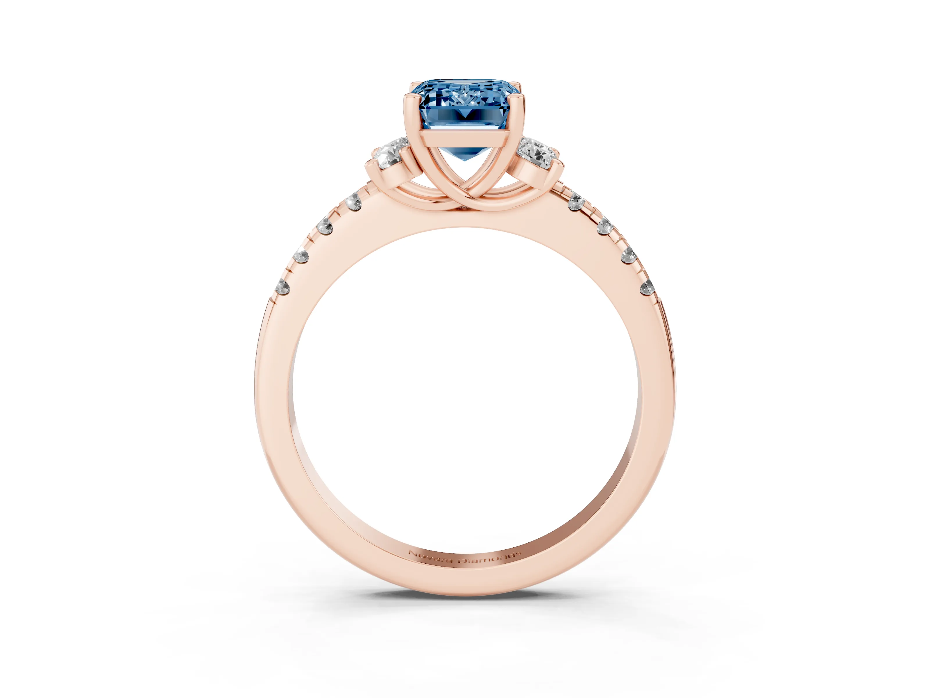 Fancy Blue Emerald Cut Diamond Three-Stone Pavé Ring Set in Rose gold with Prong Setting