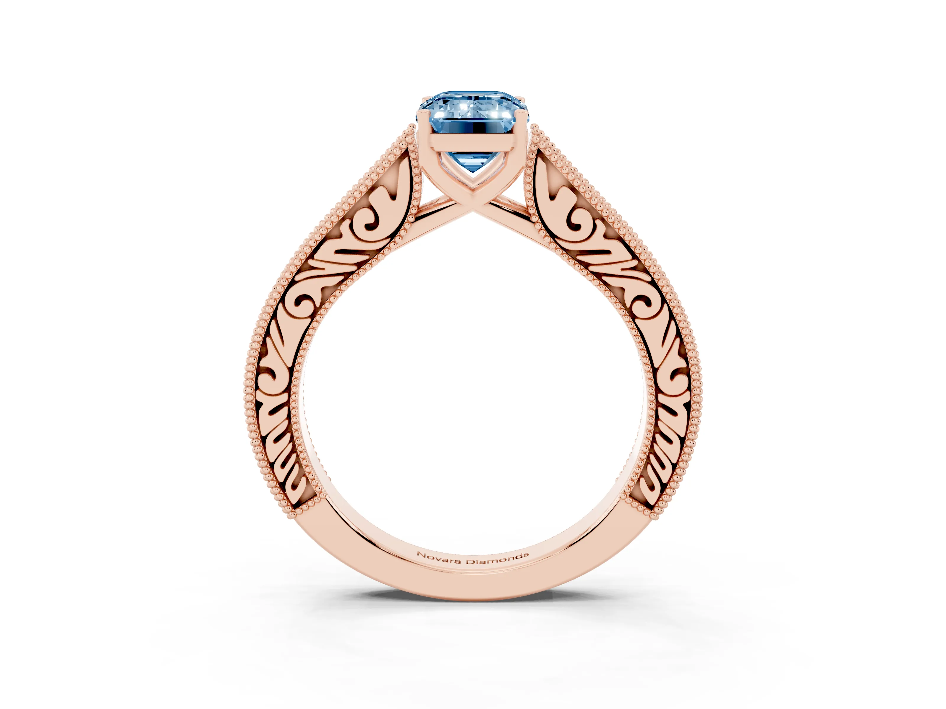 Fancy Blue Emerald Cut Diamond Milgrain Pavé Band Solitaire Ring Set in Rose gold with Prong Setting