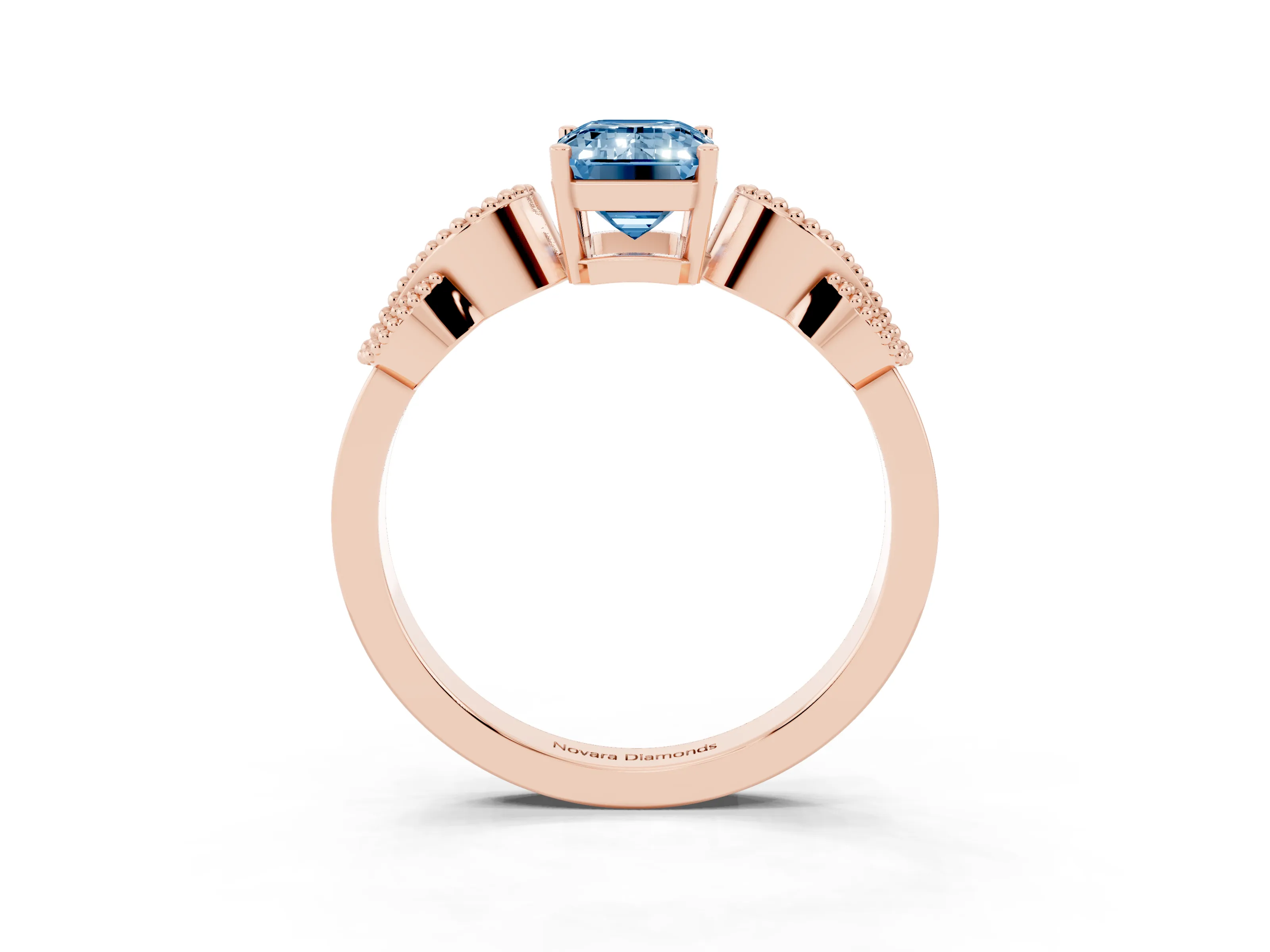 Fancy Blue Emerald Cut Diamond Milgrain Leaf Band Solitaire Ring Set in Rose gold with Accent Stones and Prong Setting