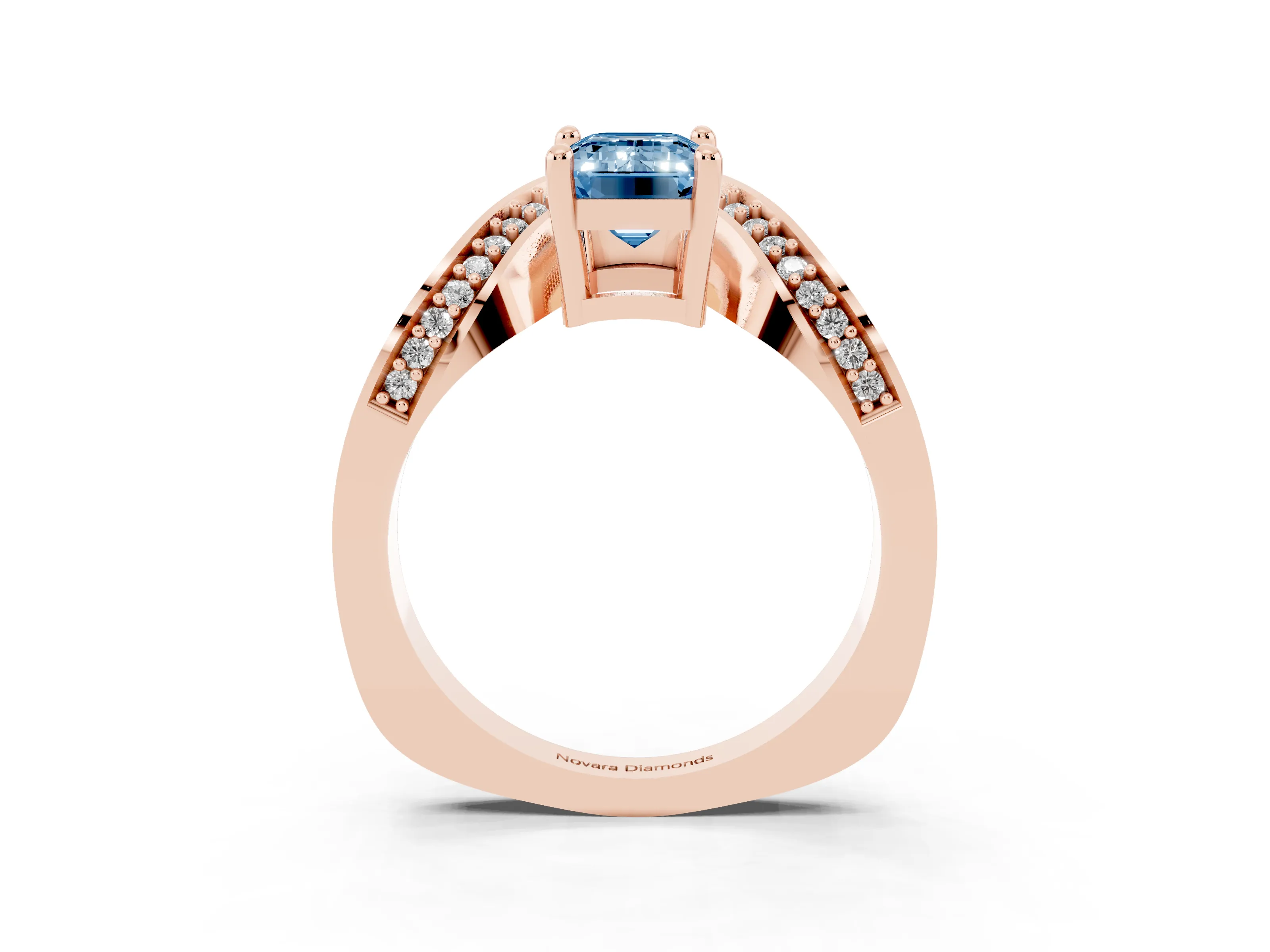 Fancy Blue Emerald Cut Diamond Solitaire Engagement Ring Set in Rose gold with Pavé Shoulders