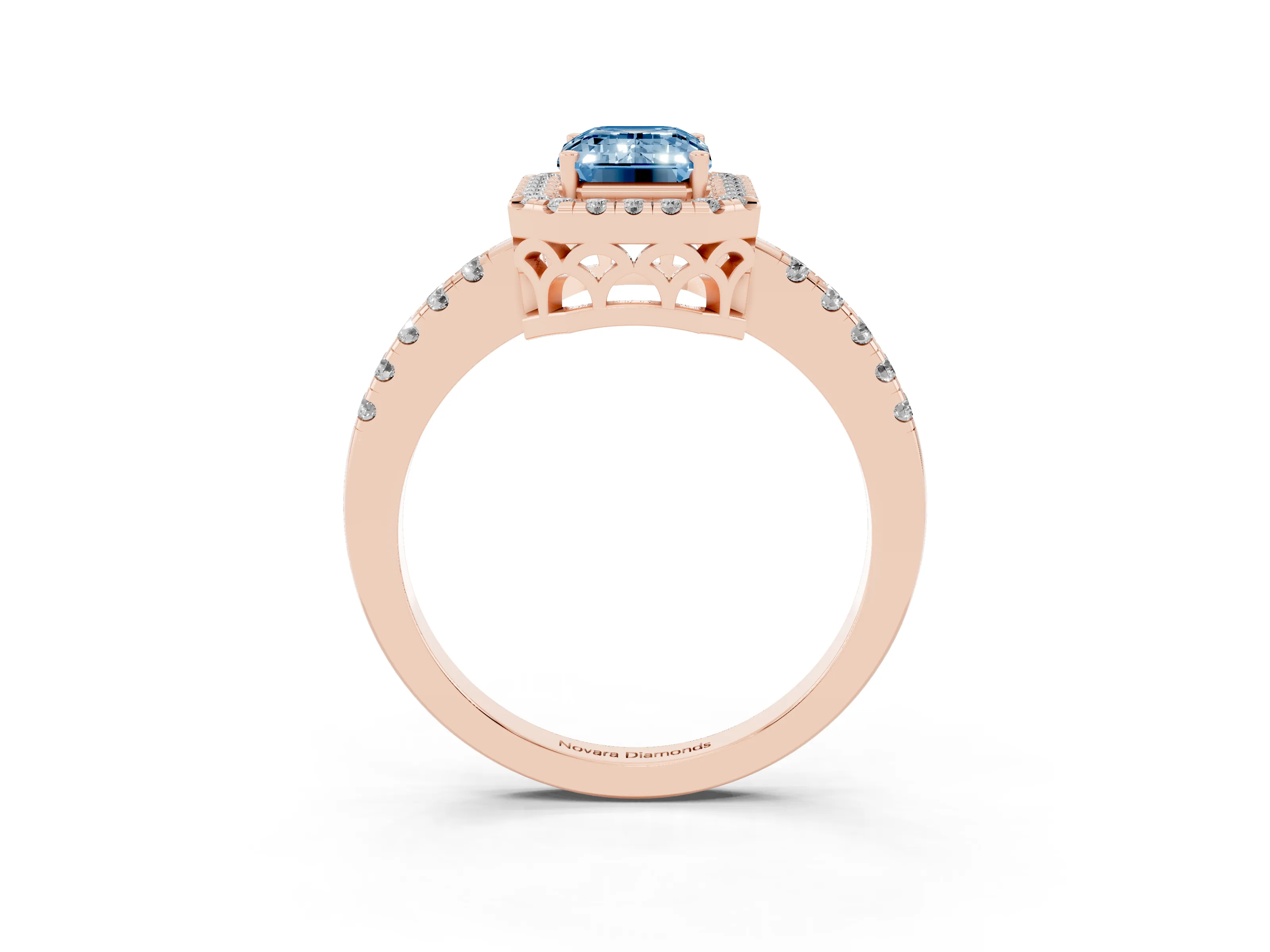 Fancy Blue Emerald Cut Diamond Pavé Band Halo Engagement Ring Set in Rose gold with Prong Setting