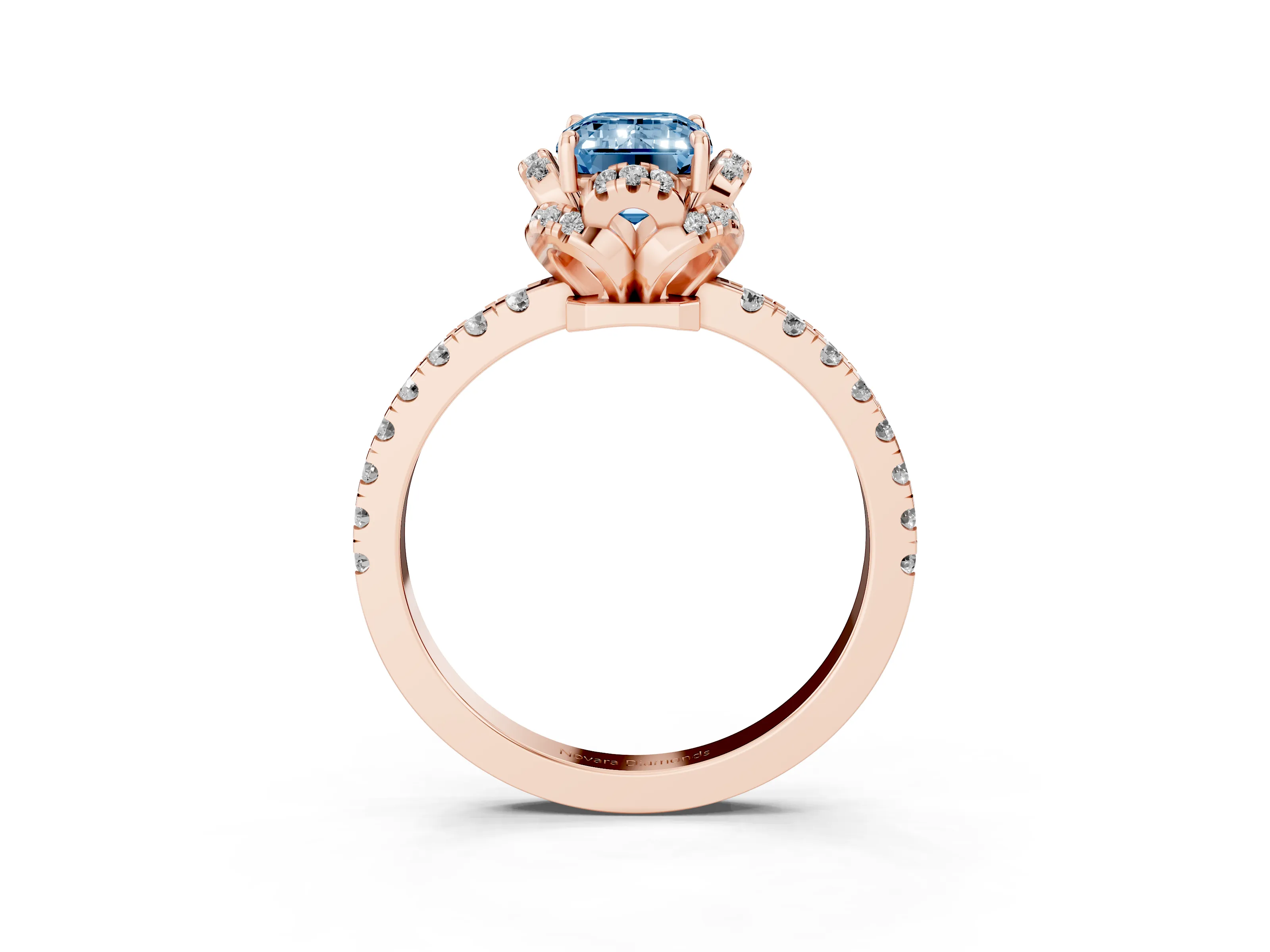 Fancy Blue Emerald Cut Diamond Halo Pavé Band Ring Set in Rose gold with Prong-Held Center