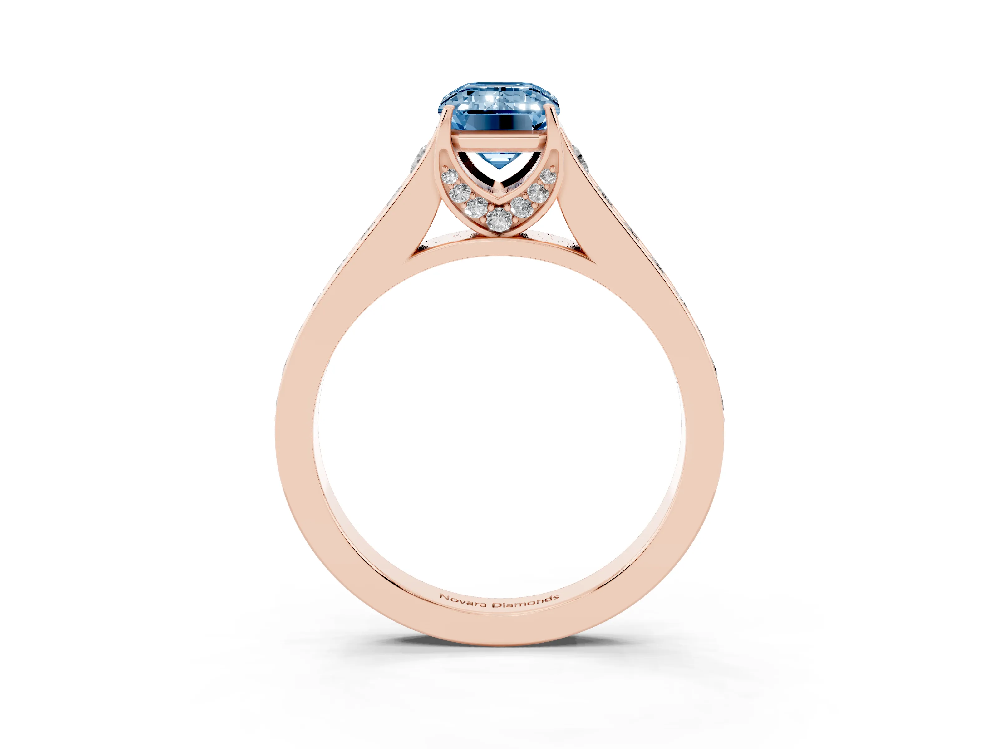 Fancy Blue Emerald Cut Diamond Solitaire Pavé Engagement Ring Set in Rose gold with Prong Setting