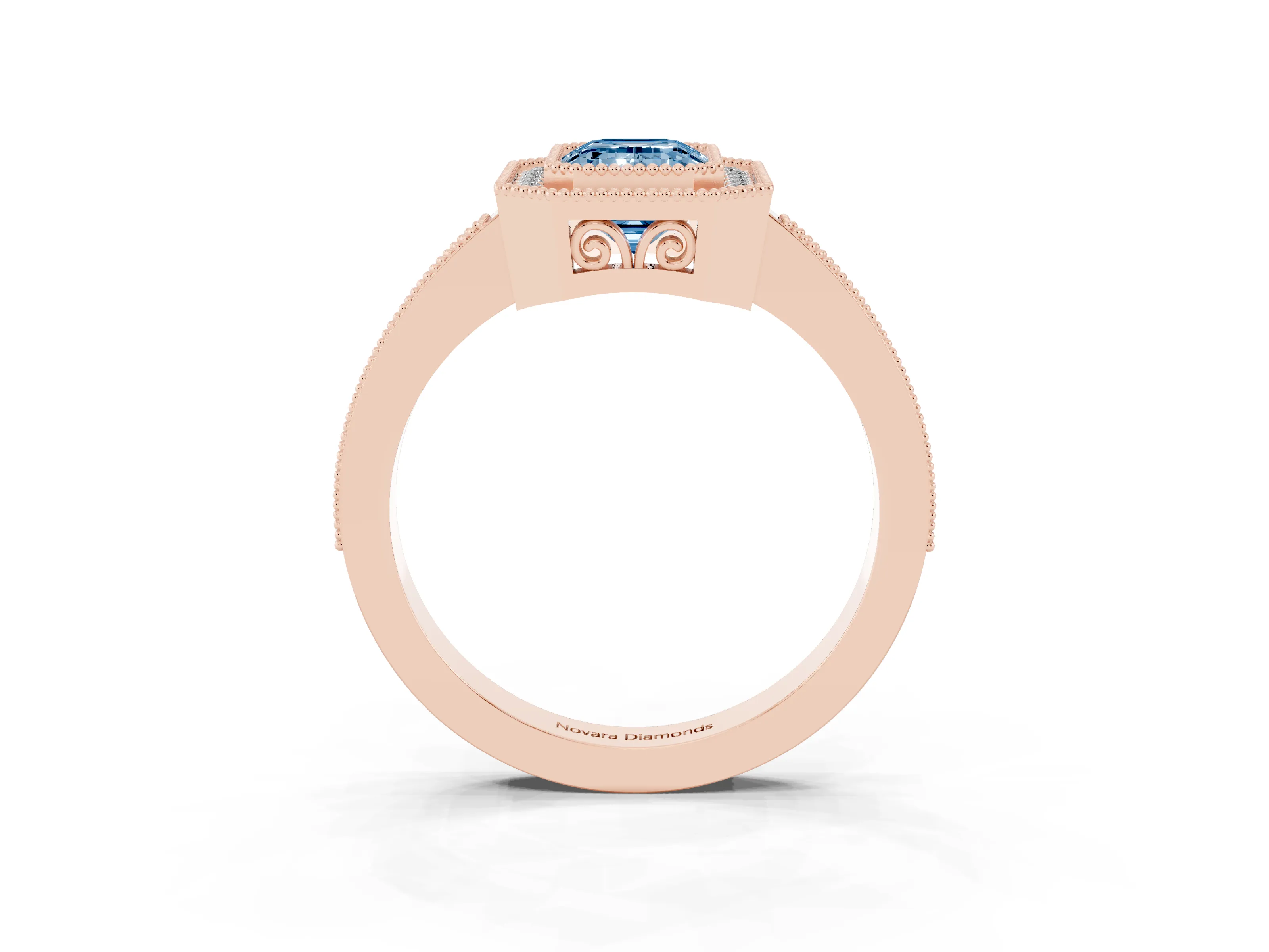 Fancy Blue Emerald Cut Diamond Halo Ring Set in Rose gold with Pavé Band and Milgrain-Edged Prongs