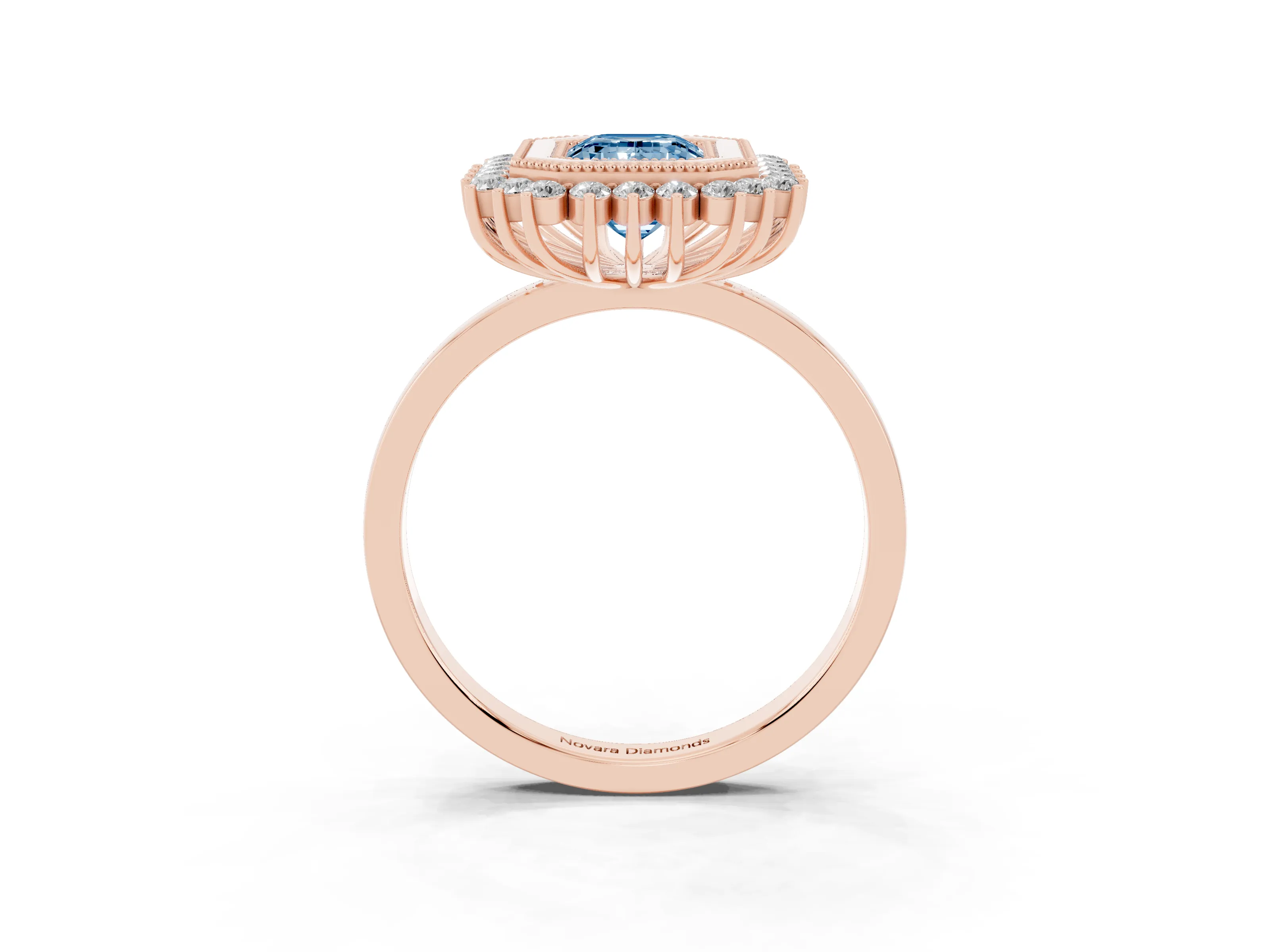 Fancy Blue Emerald Cut Diamond Halo Ring Set in Rose gold with Milgrain Edge and Round Prong Setting