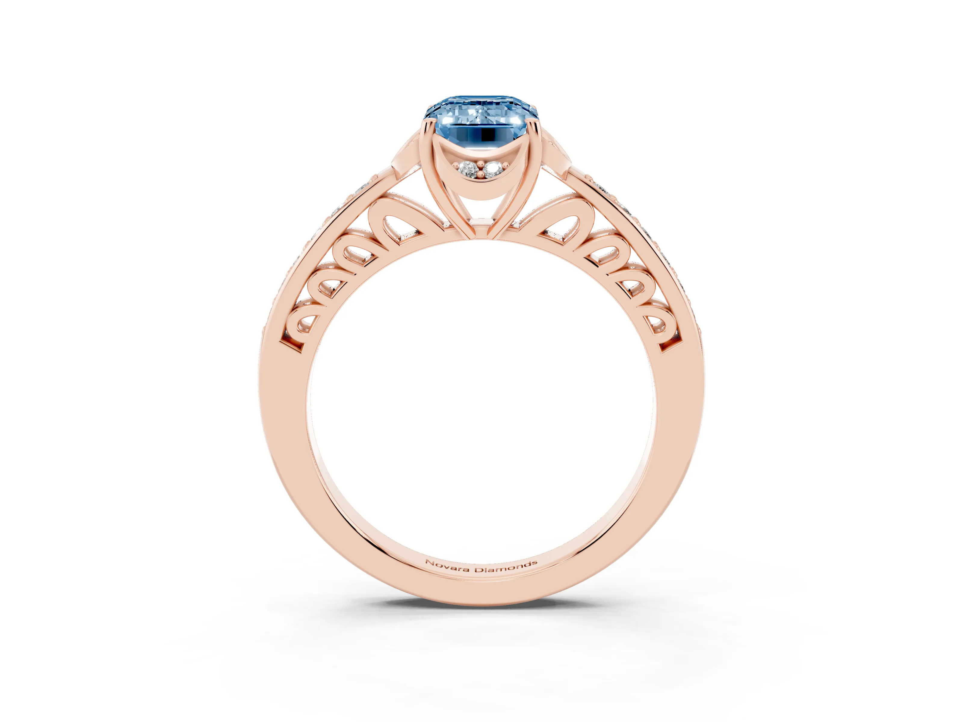 Fancy Blue Emerald Cut Diamond Halo Ring Set in Rose gold with Channel Set Band and Prong Setting