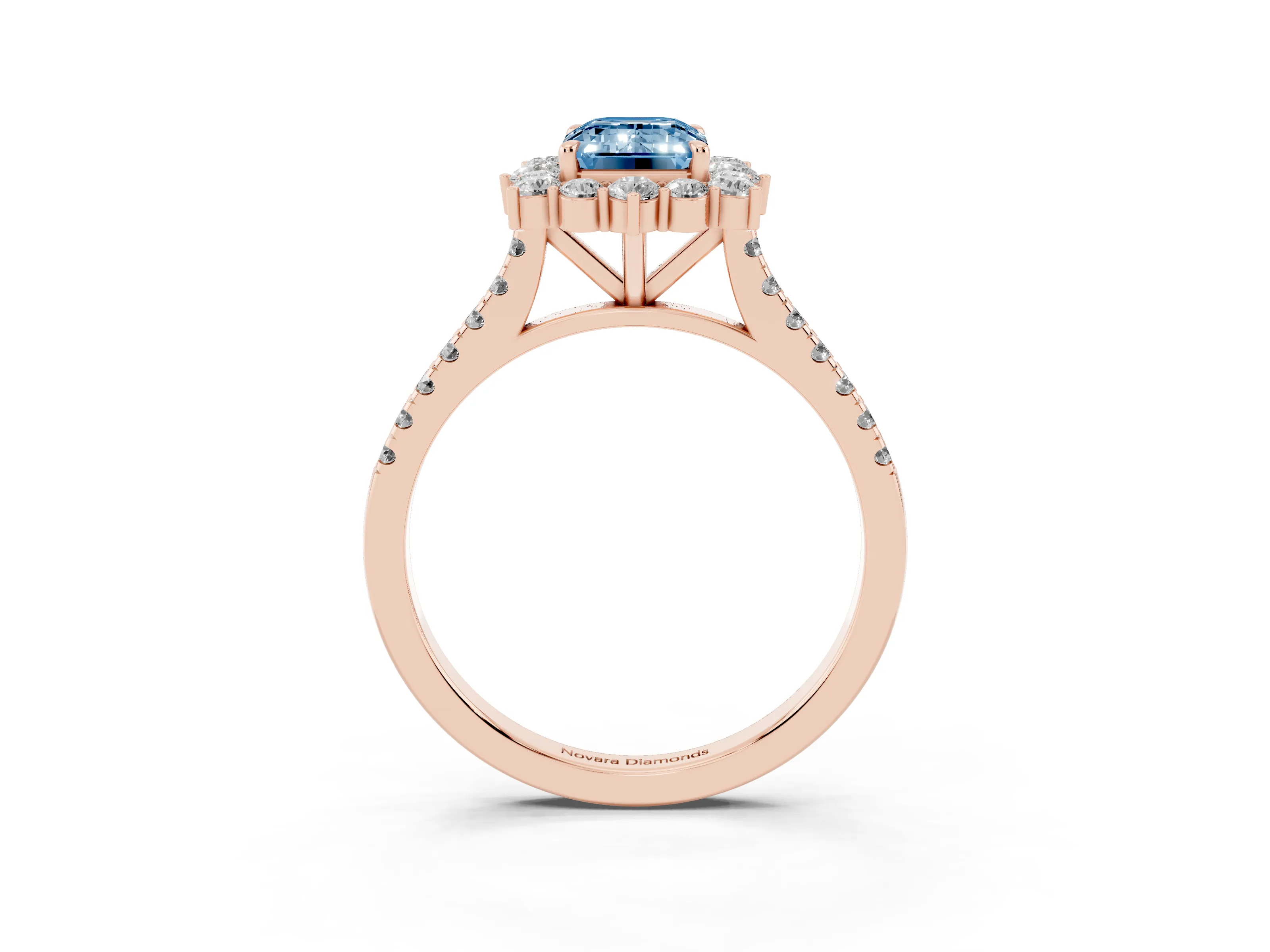 Fancy Blue Emerald Cut Diamond Halo Ring Set in Rose gold with Pavé Band and Prong Setting