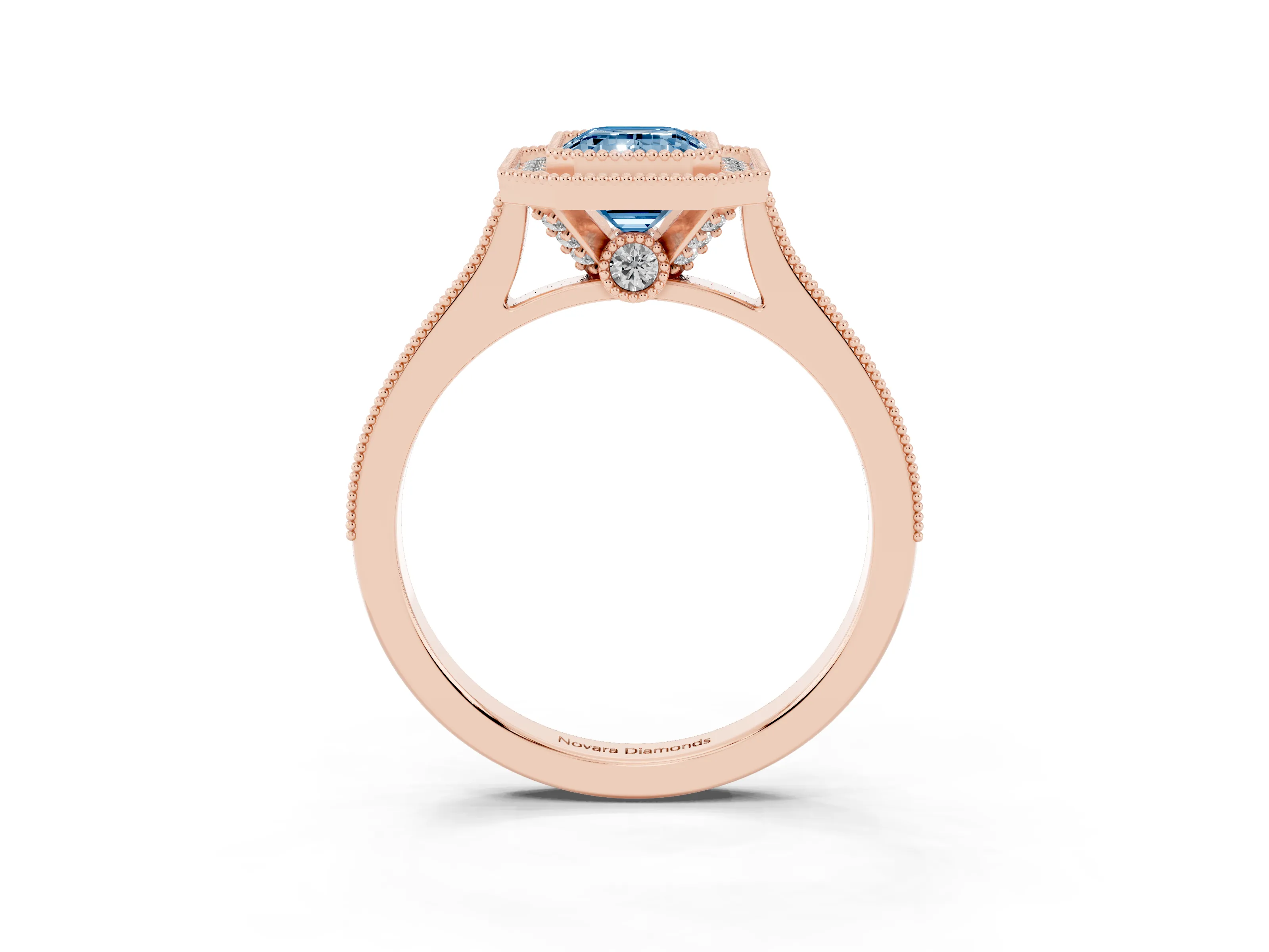 Fancy Blue Emerald Cut Diamond Halo Milgrain Pavé Band Ring Set in Rose gold with Prong Setting