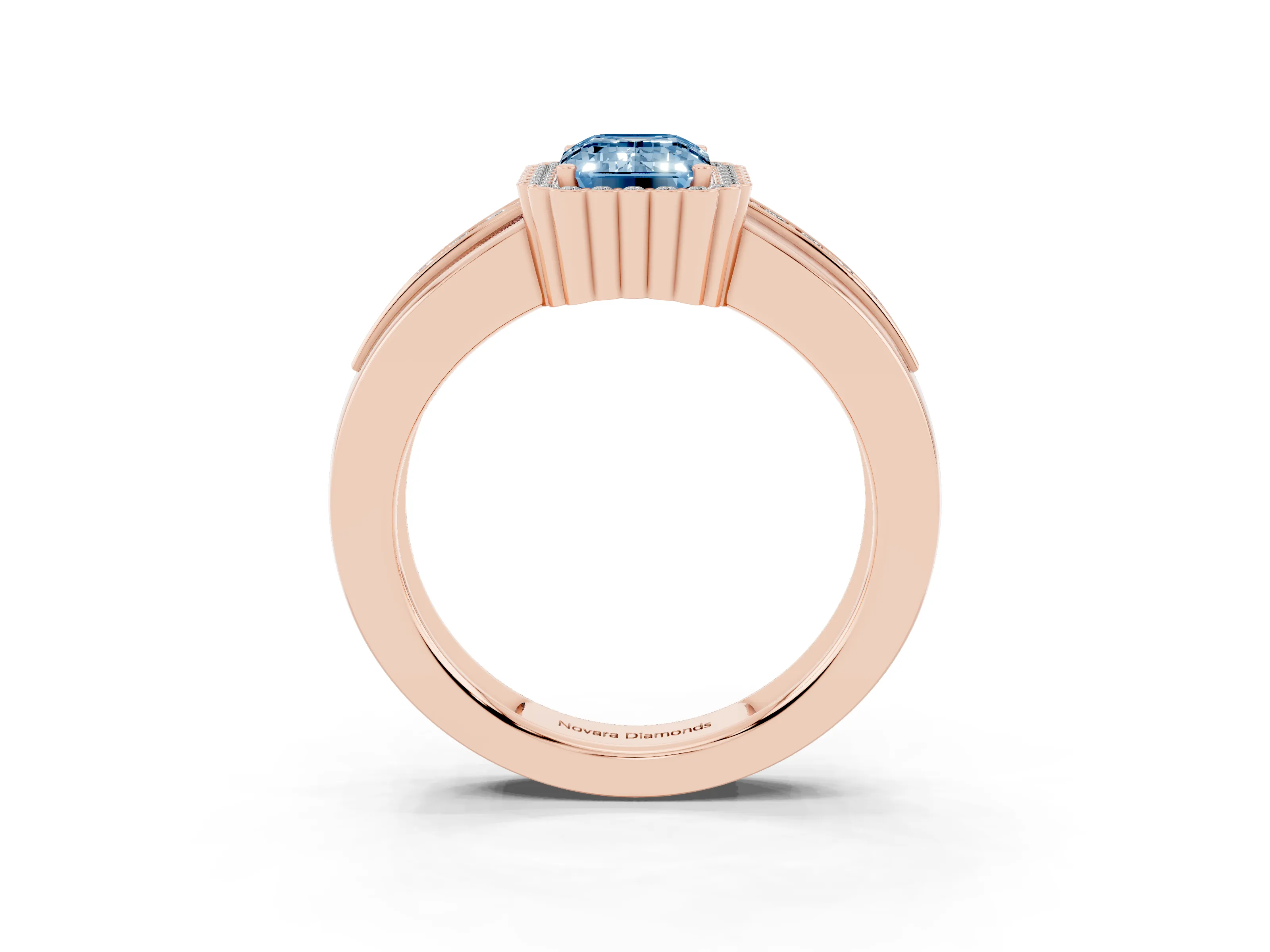 Fancy Blue Emerald Cut Diamond Halo Prong Ring Set in Rose gold with Pavé Band