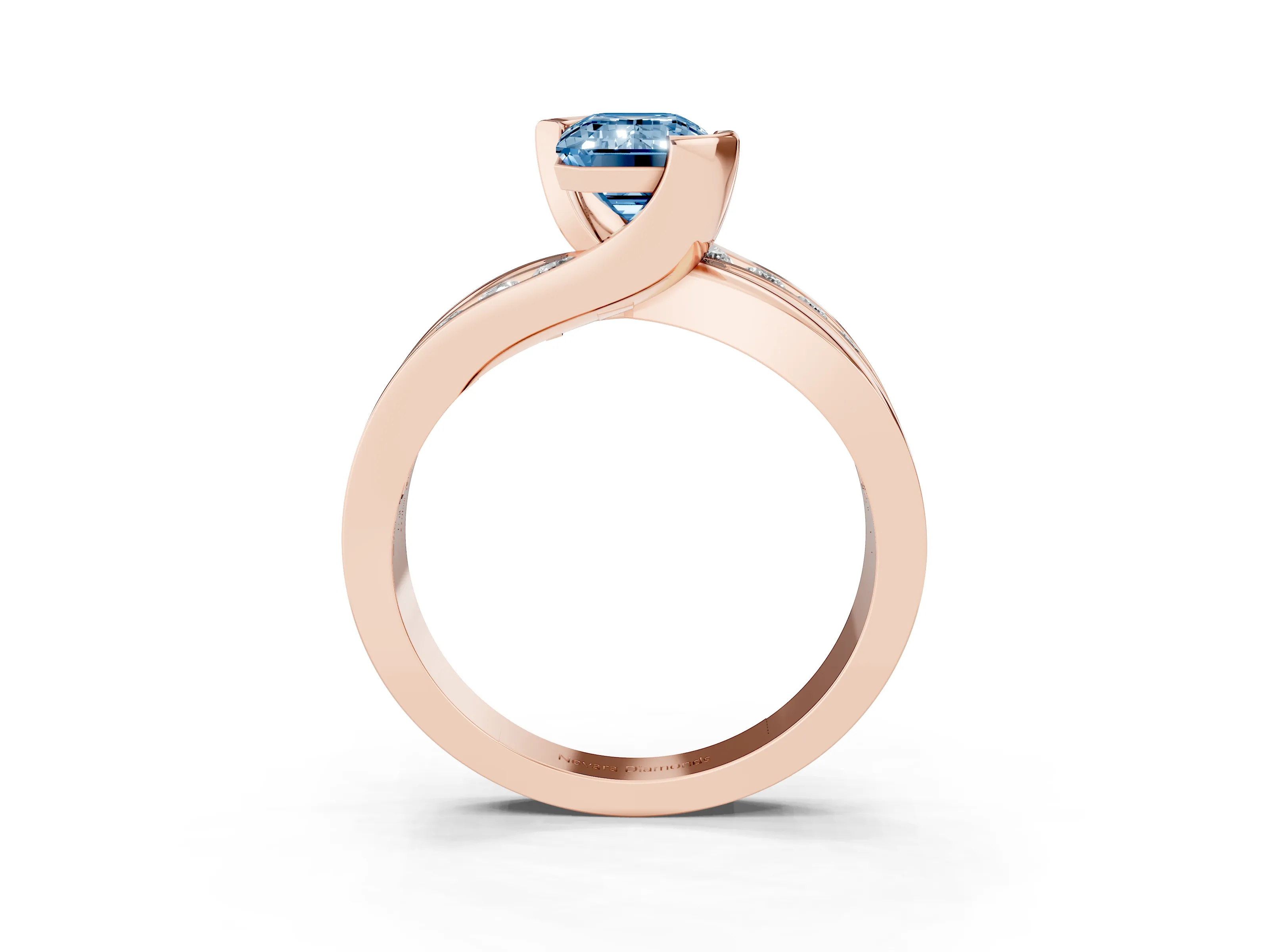 Fancy Blue Emerald Cut Diamond Solitaire Ring Set in Rose gold with Channel Set Split Shank and Tension Prongs