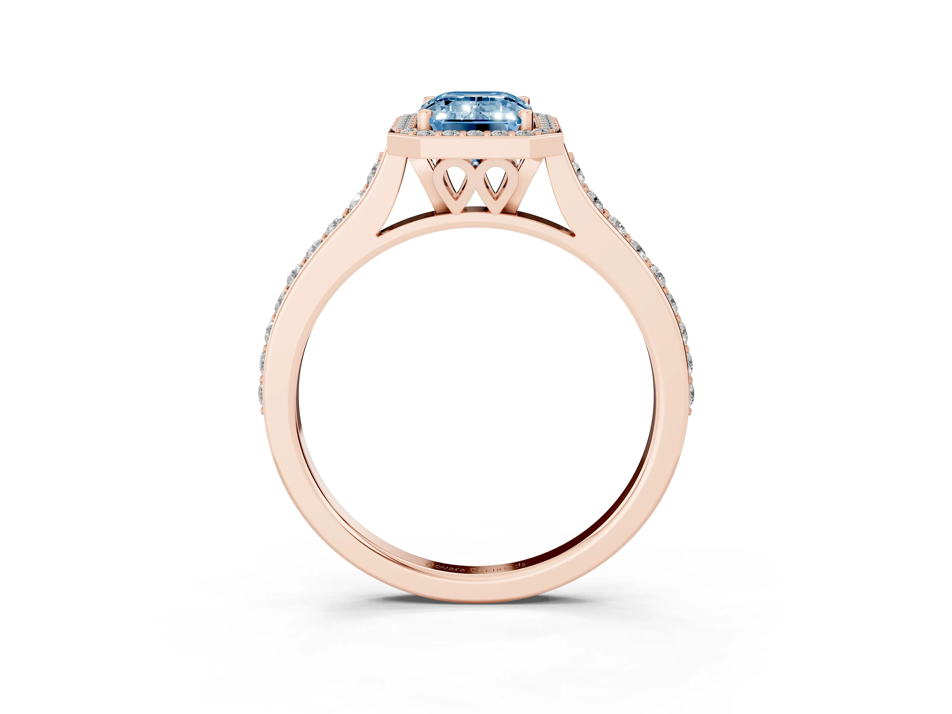 Fancy Blue Emerald Cut Diamond Halo Engagement Ring Set in Rose gold with Round Pavé Shoulders and Heart Gallery