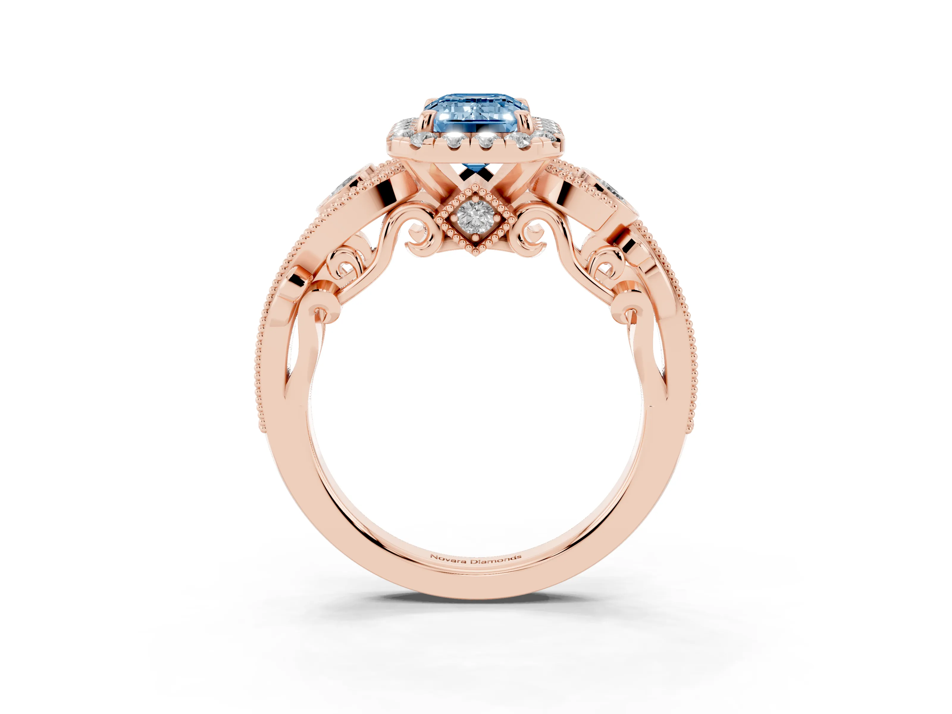 Fancy Blue Emerald Cut Diamond Halo Ring Set in Rose gold with Milgrain Pavé Band and Prong Setting