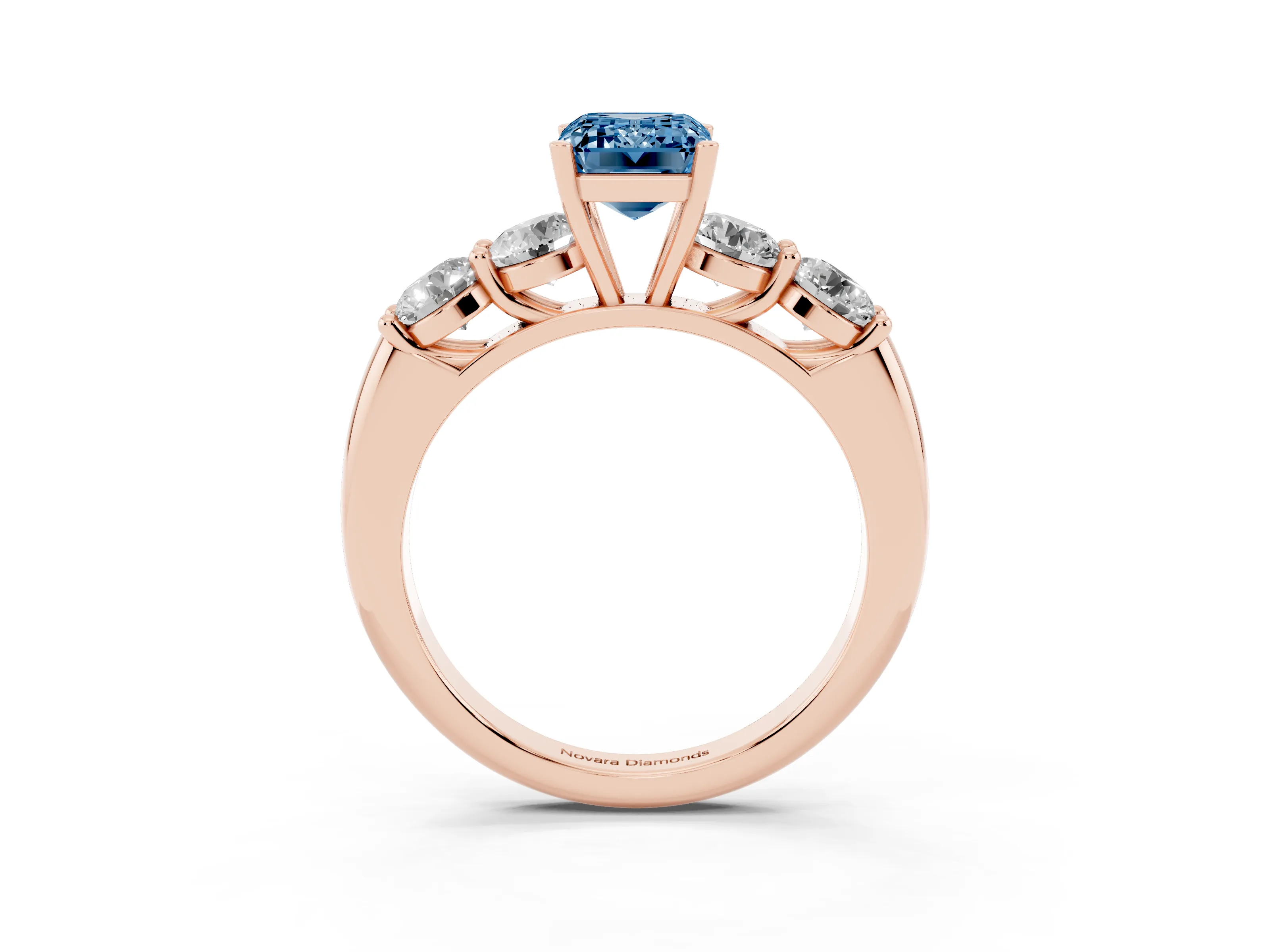 Fancy Blue Emerald Cut Diamond Five-Stone Prong Set Ring Set in Rose gold with Classic Band