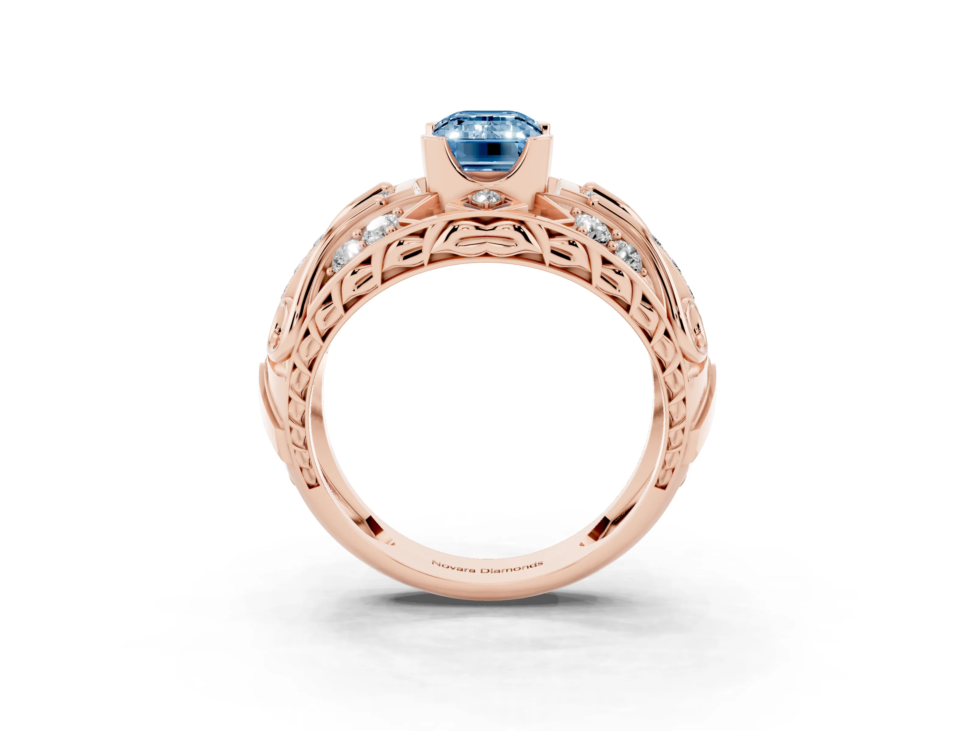 Fancy Blue Emerald Cut Diamond Art Deco Ring Set in Rose gold with Pavé Split Shank