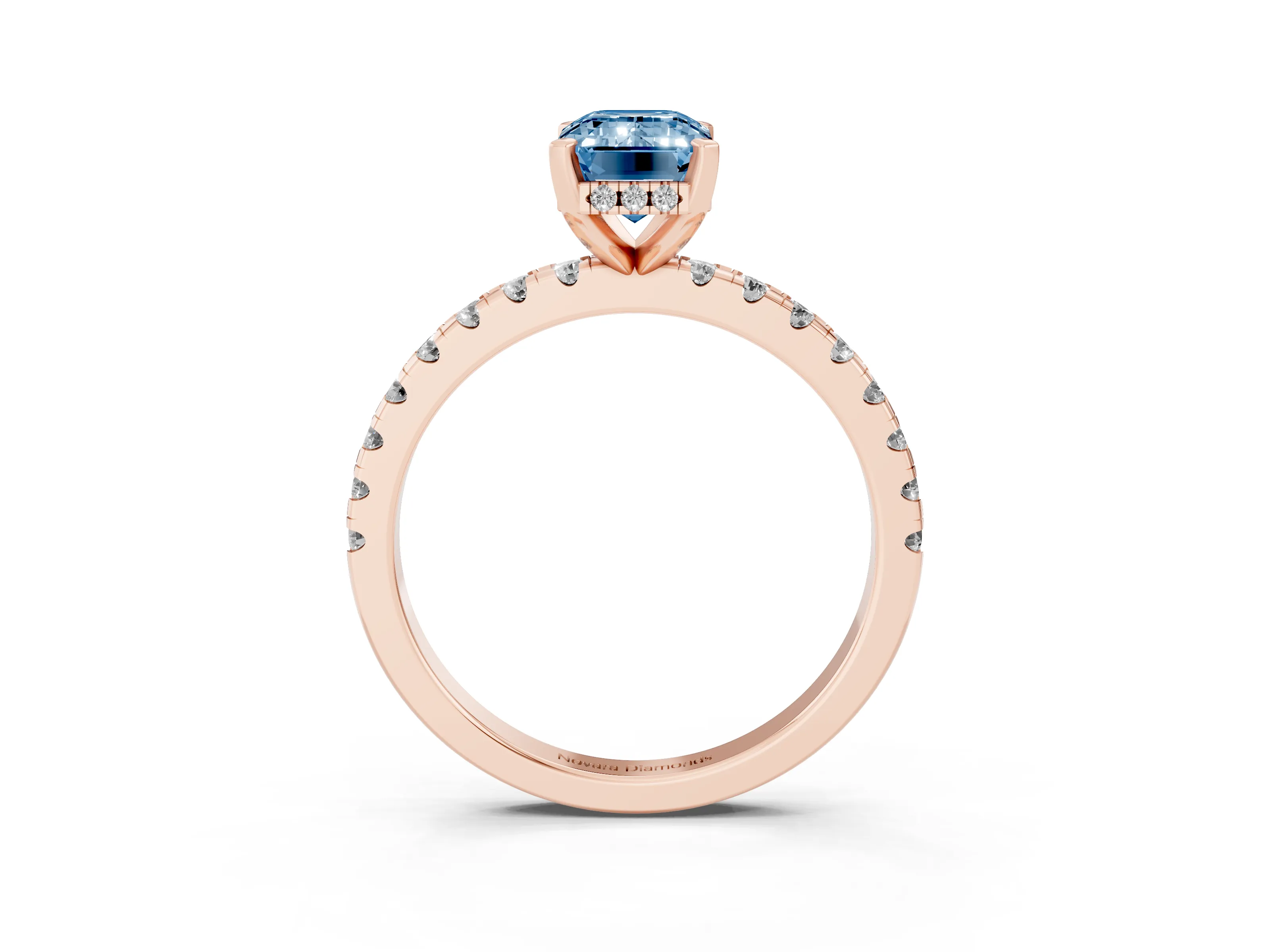Fancy Blue Emerald Cut Diamond Pavé Solitaire Ring Set in Rose gold with Round Band Accents and Prong Setting