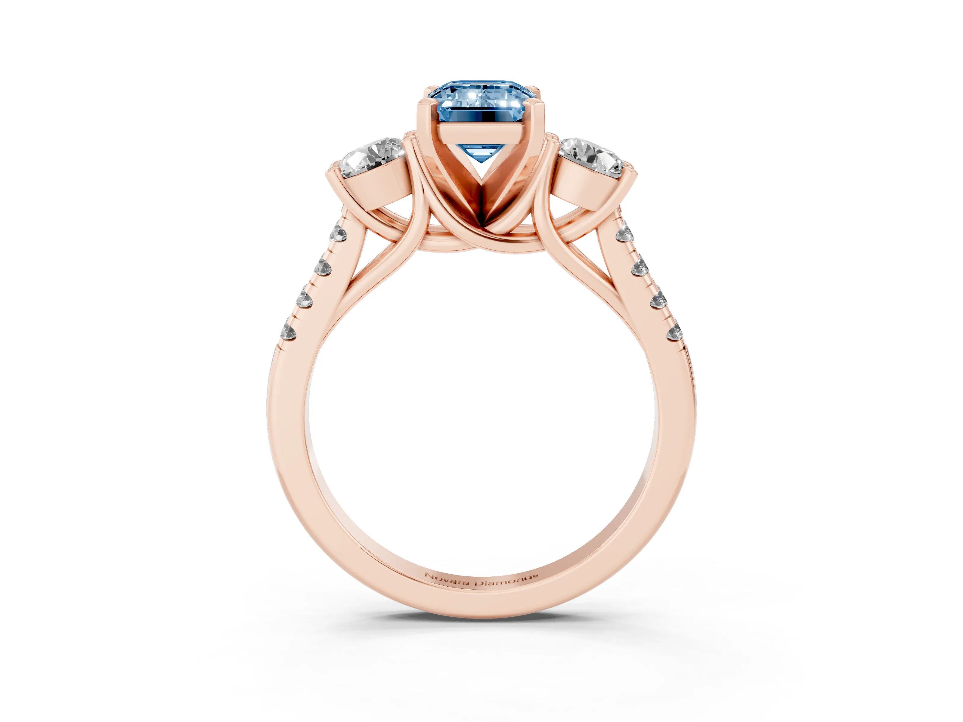 Fancy Blue Three-Stone Emerald Cut Diamond Pavé Band Ring Set in Rose gold with Prong-Set Trio