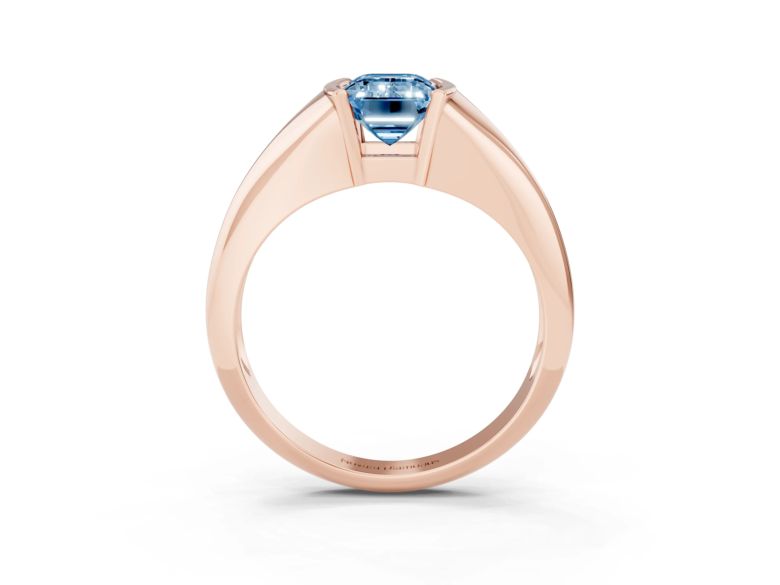 Fancy Blue Emerald Cut Diamond Solitaire Tension Set Ring Set in Rose gold