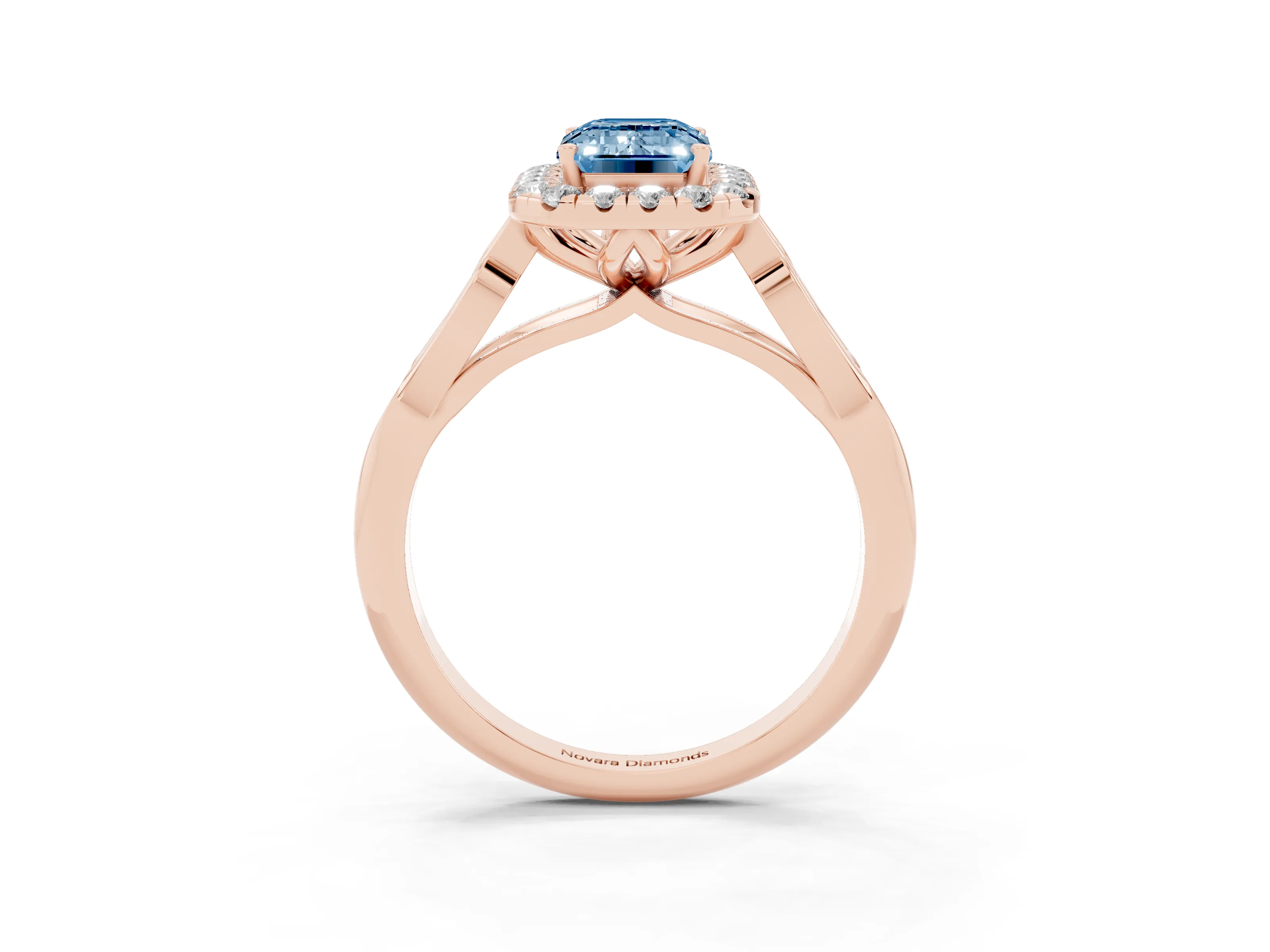 Fancy Blue Emerald Cut Diamond Halo Engagement Ring Set in Rose gold with Filigree Band and Prong-Set Center