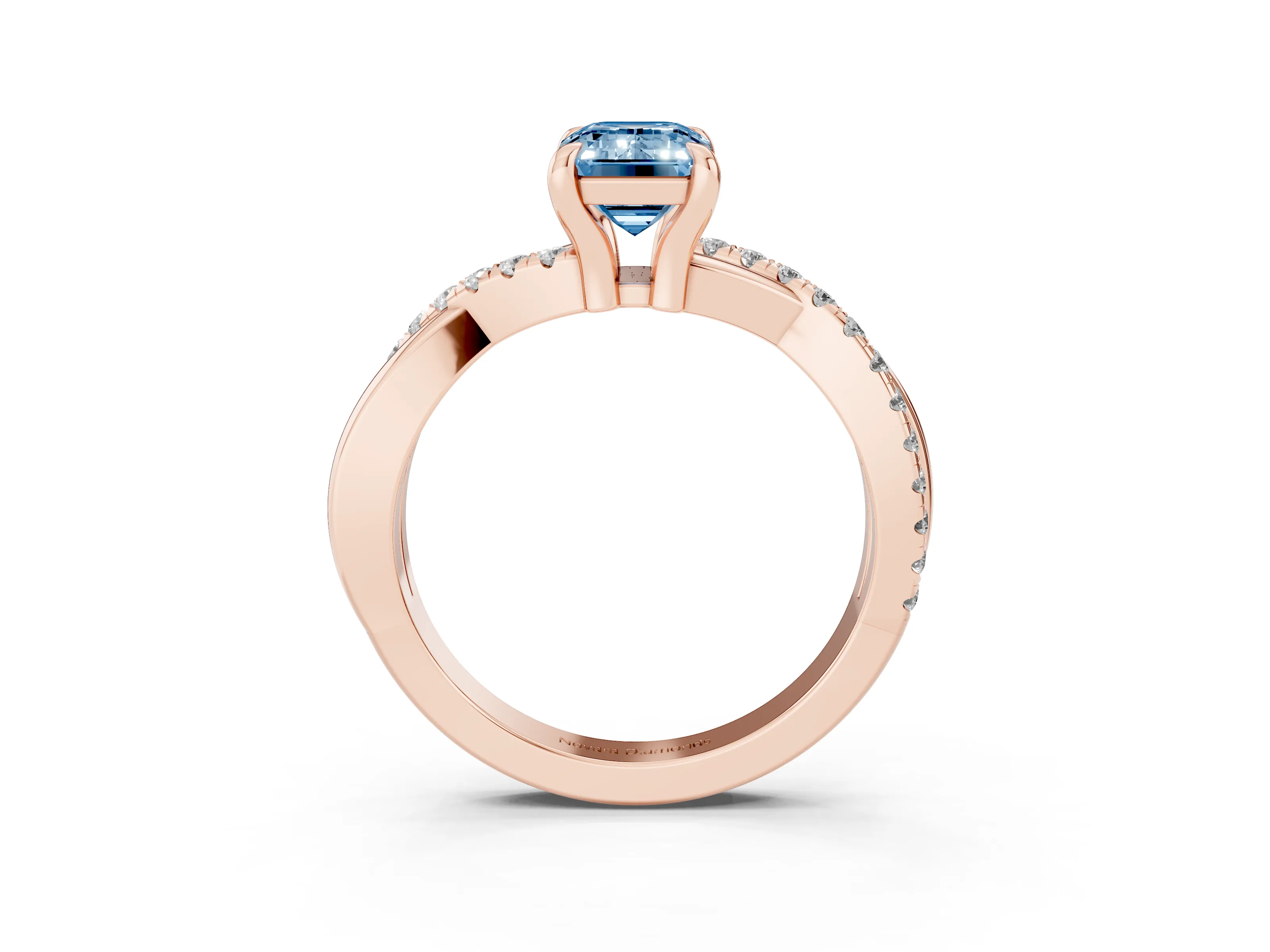 Fancy Blue Emerald Cut Diamond Twist Band Pavé Solitaire Ring Set in Rose gold with Prong Setting