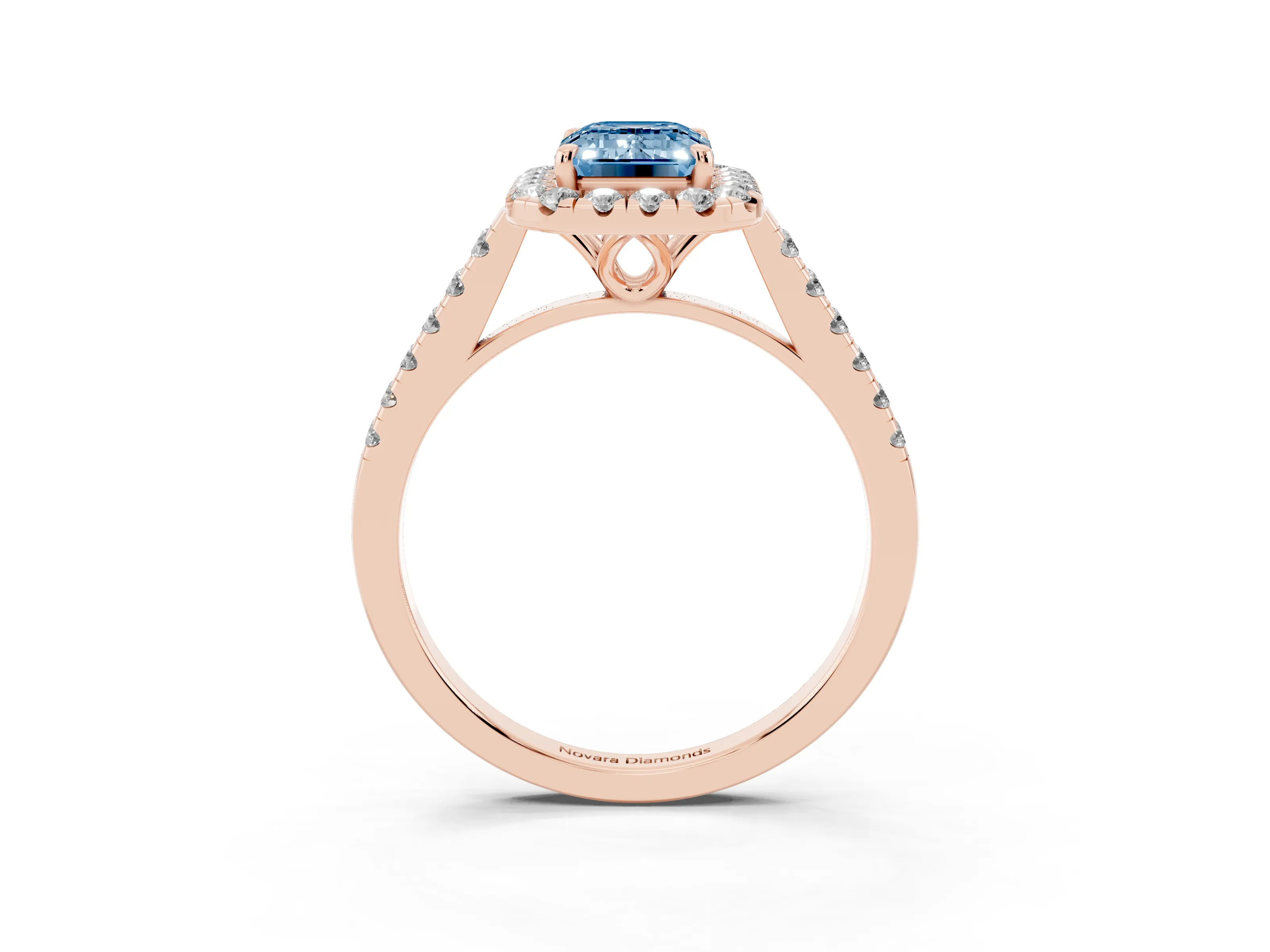 Fancy Blue Emerald Cut Diamond Pavé Halo Engagement Ring Set in Rose gold with Pavé Band and Prong Setting