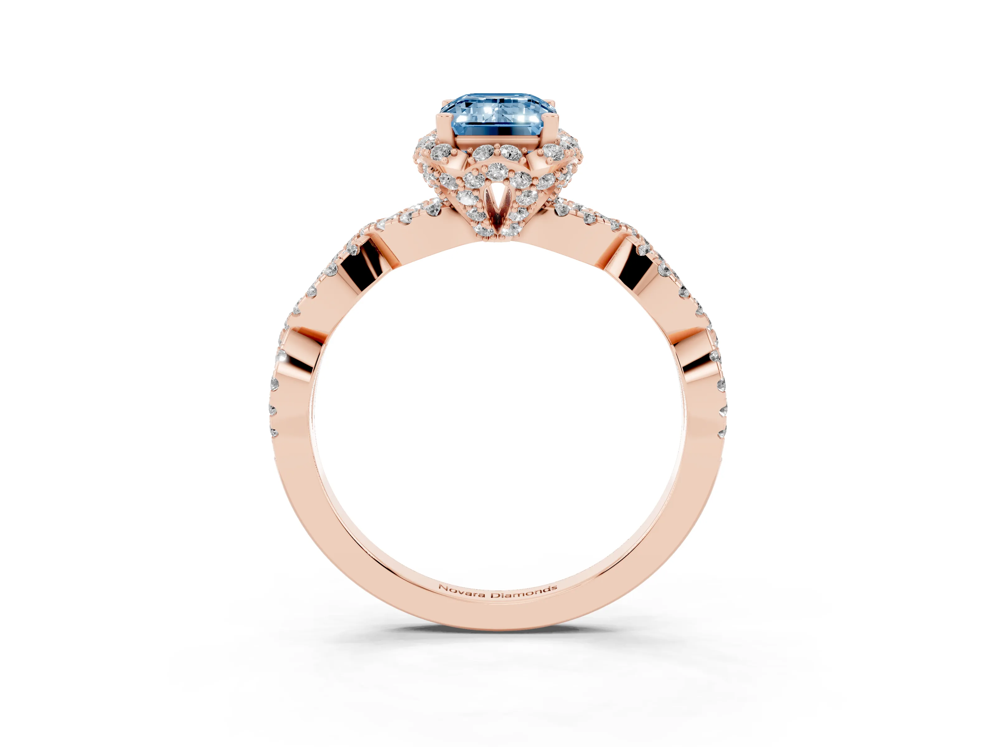 Fancy Blue Emerald Cut Diamond Halo Twist Band Solitaire Ring Set in Rose gold with Prong-Set Center Stone