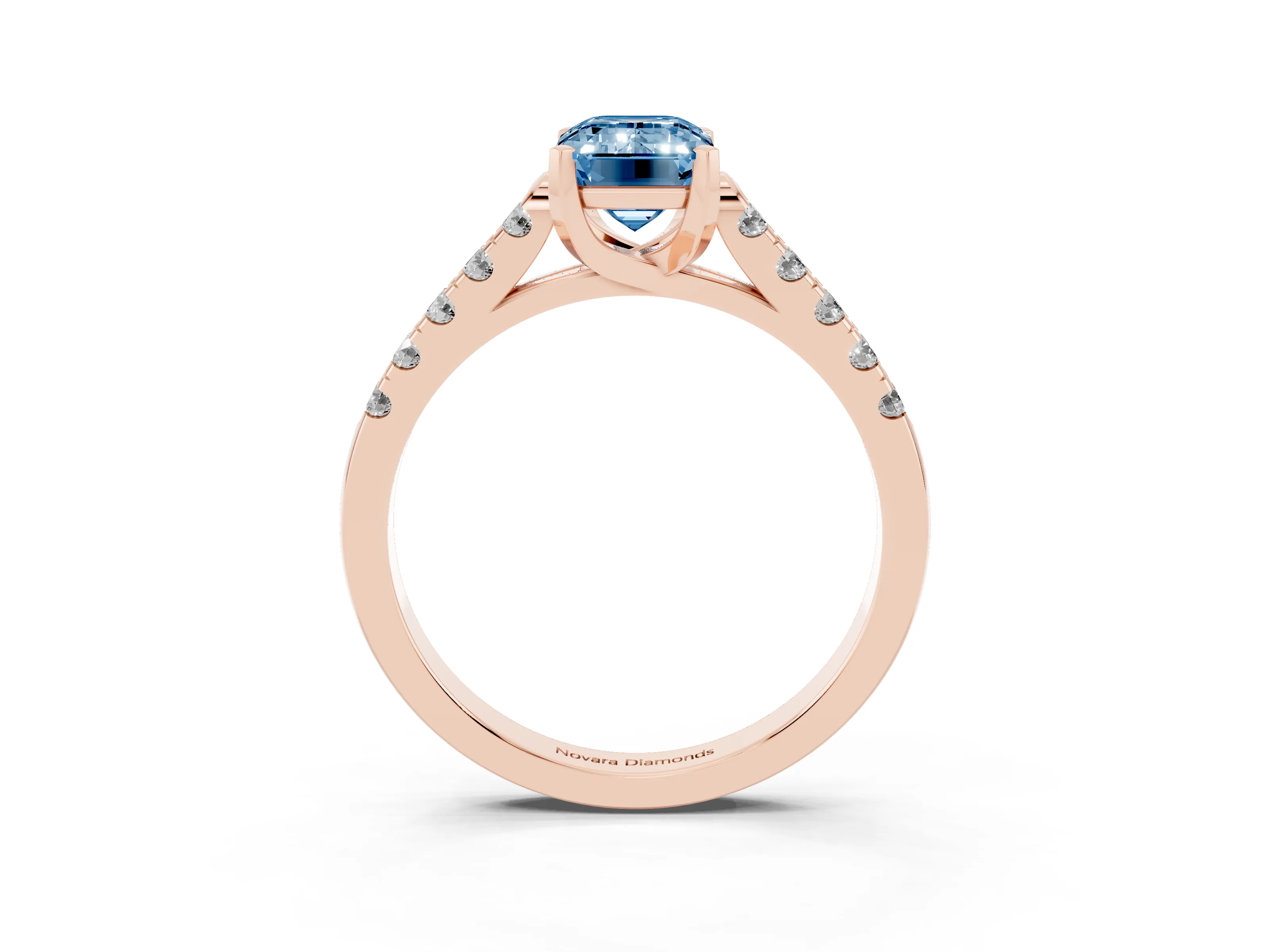 Fancy Blue Emerald Cut Diamond Pavé Band Solitaire Ring Set in Rose gold with Partway Accent Stones and Prong Setting
