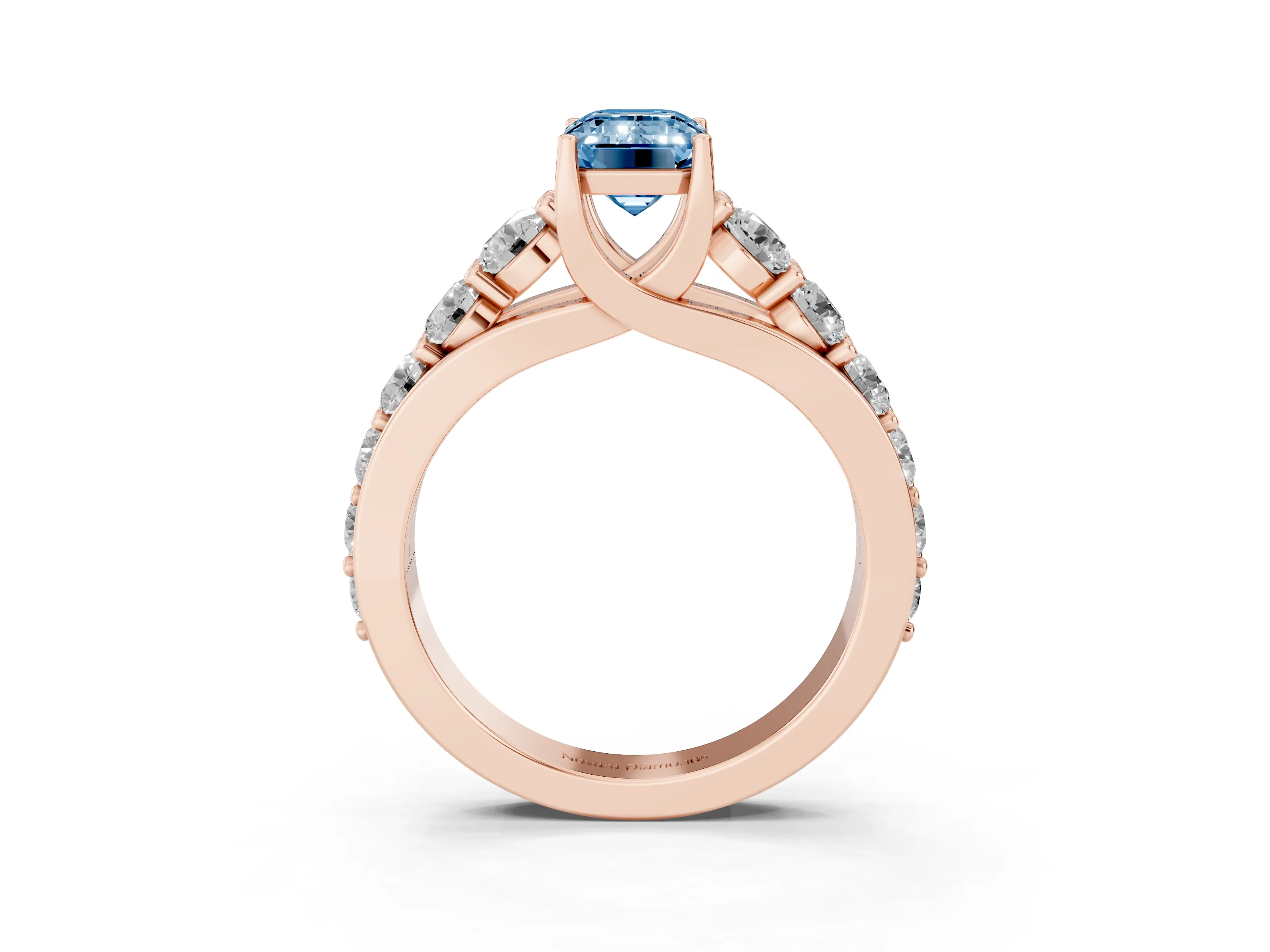 Fancy Blue Emerald Cut Diamond Pavé Engagement Ring Set in Rose gold with Prong Setting