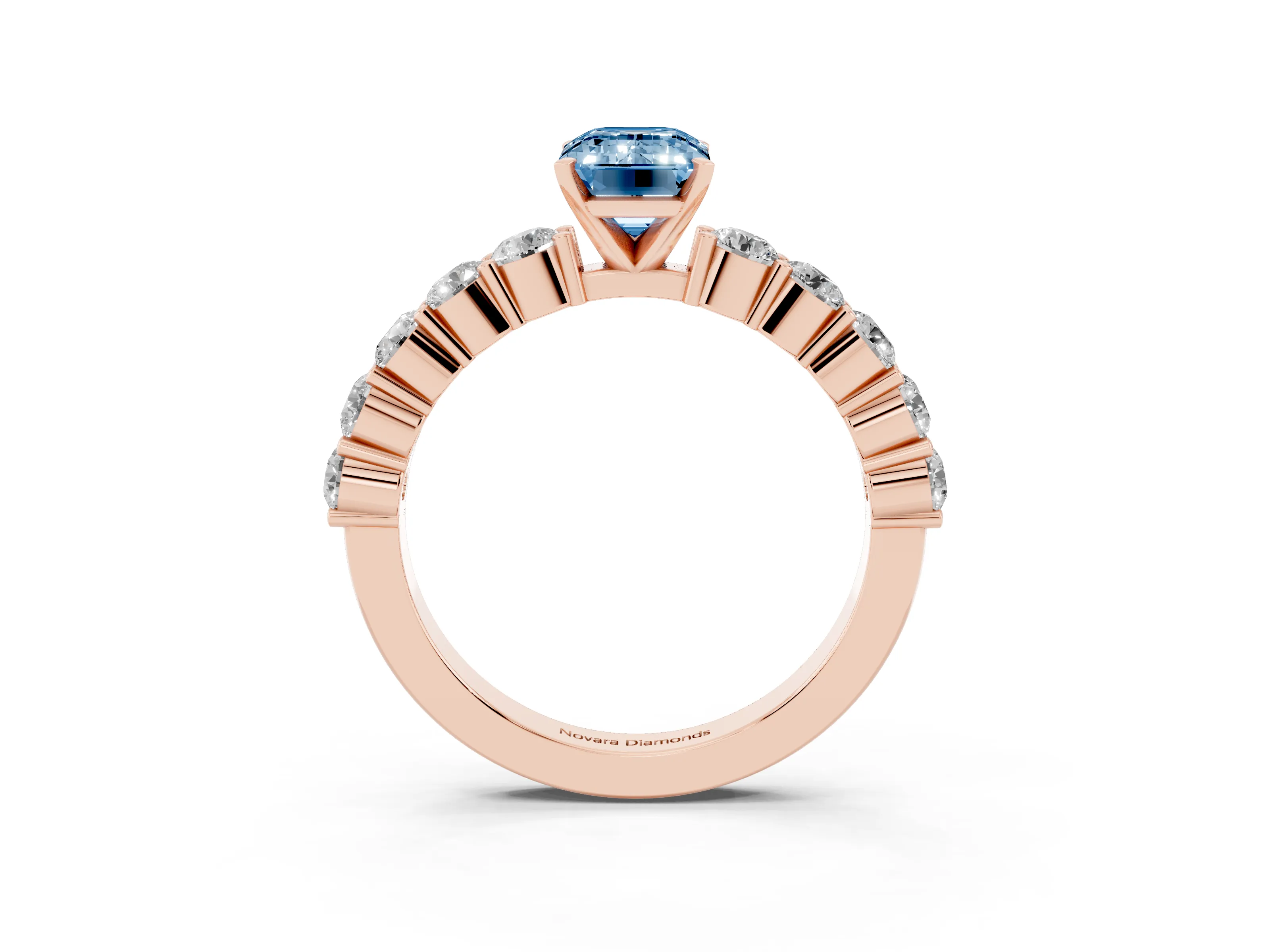 Fancy Blue Emerald Cut Diamond Solitaire Ring Set in Rose gold with Shared Prong Round Side Stones