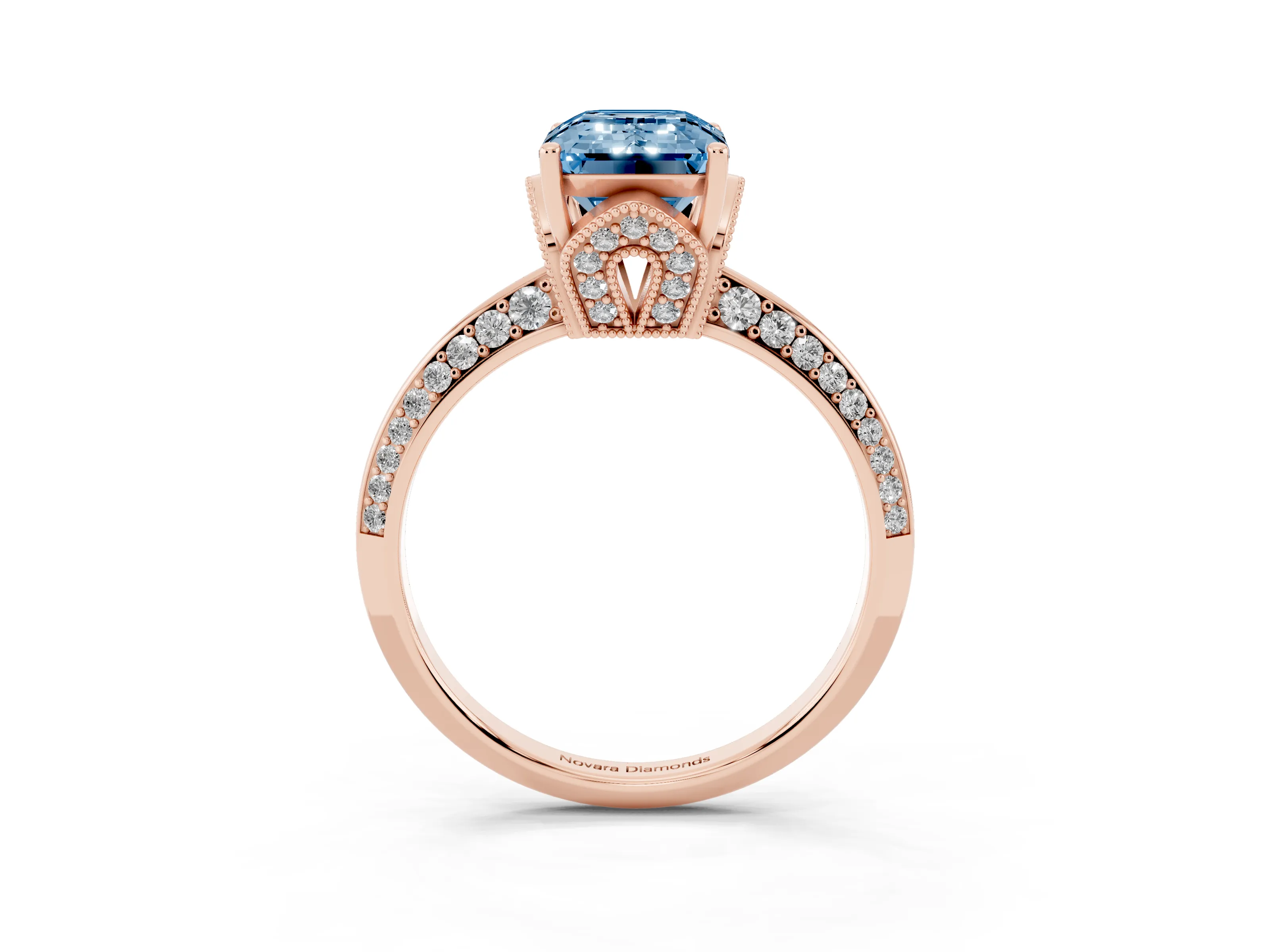 Fancy Blue Emerald Cut Diamond Solitaire Engagement Ring Set in Rose gold with Pavé Split Shank and Prong Setting