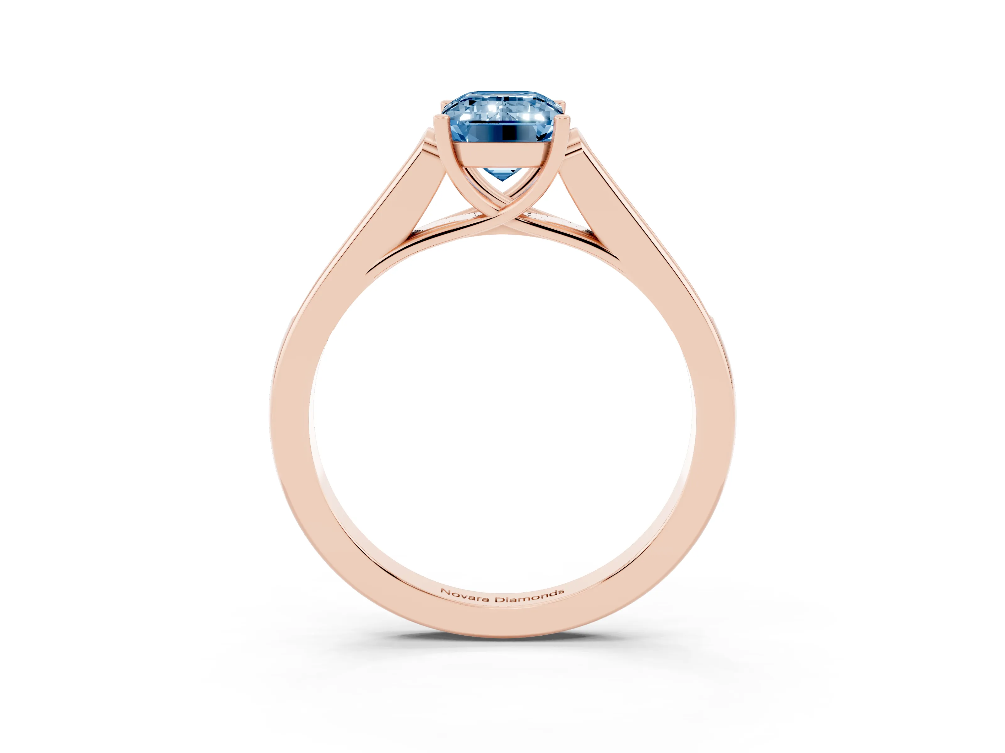 Fancy Blue Emerald Cut Diamond Solitaire Cathedral Engagement Ring Set in Rose gold with Channel-Set Band and Prong Setting