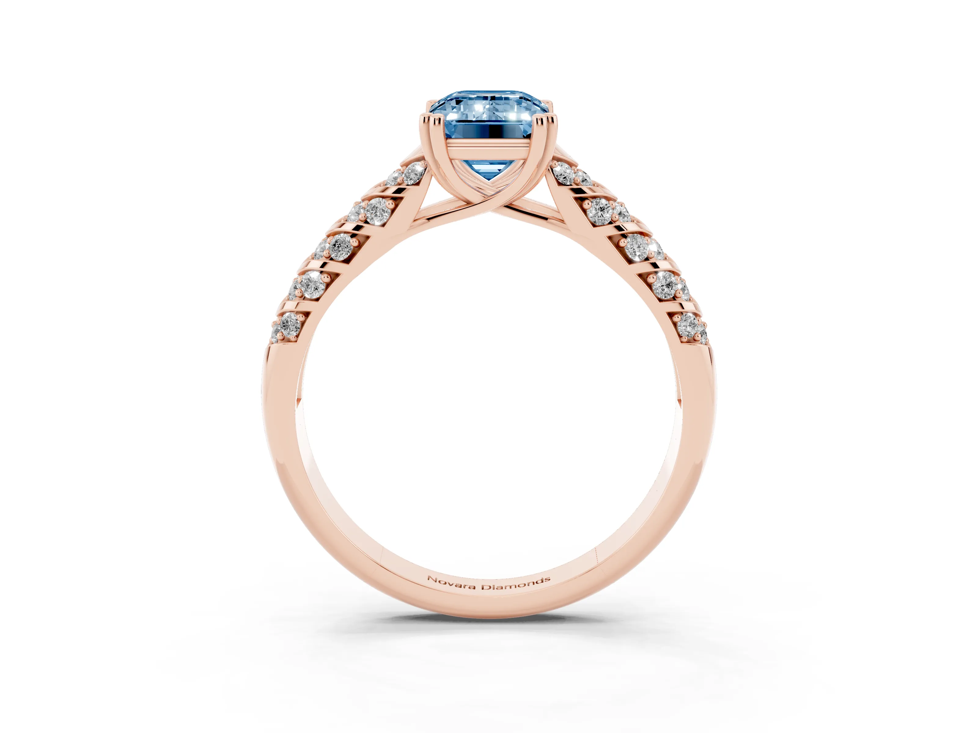 Fancy Blue Emerald Cut Diamond Solitaire Chevron Pavé Engagement Ring Set in Rose gold with Prong Setting