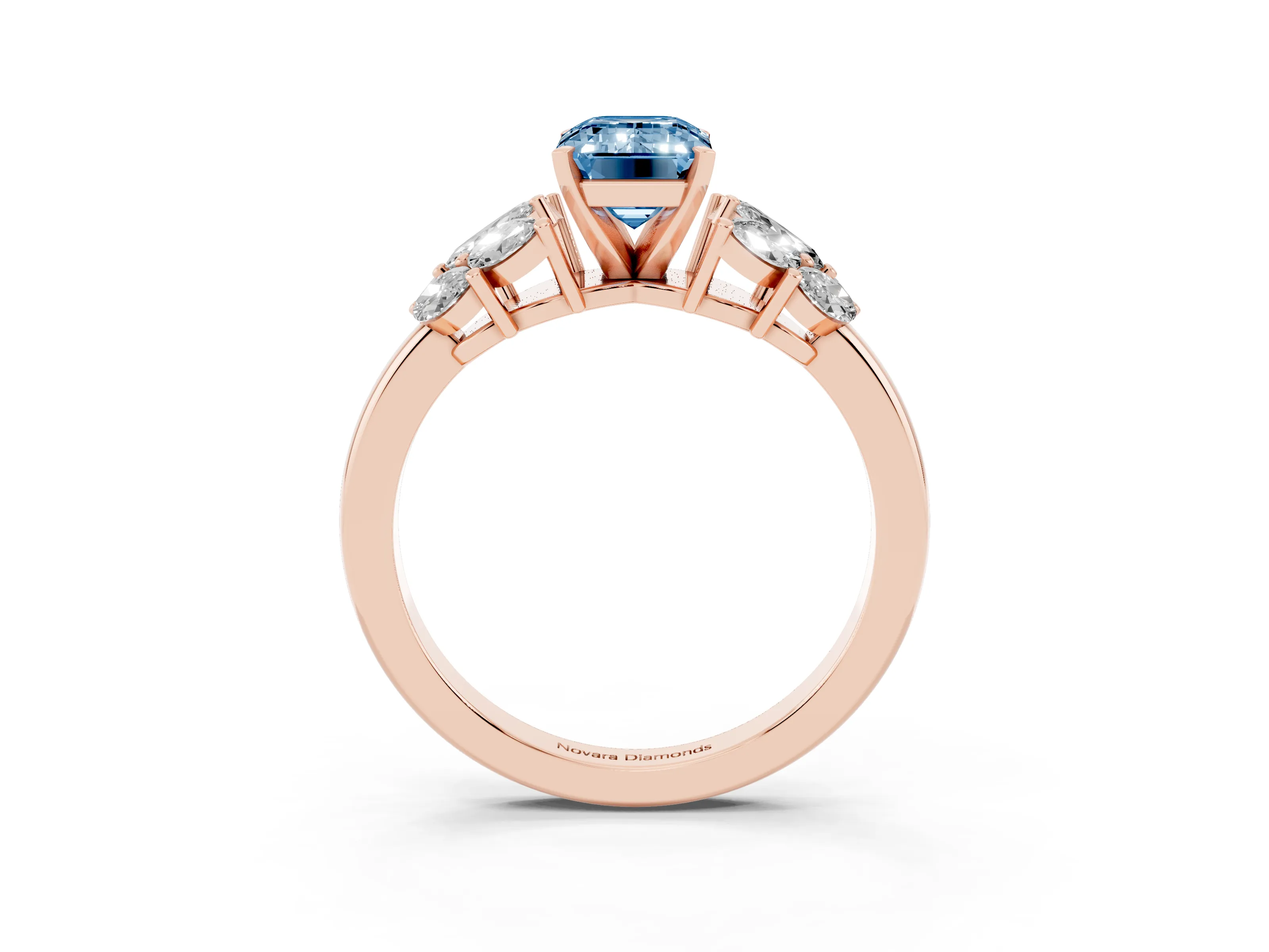 Fancy Blue Emerald Cut Diamond Cluster Leaf Design Ring Set in Rose gold with Prong Setting